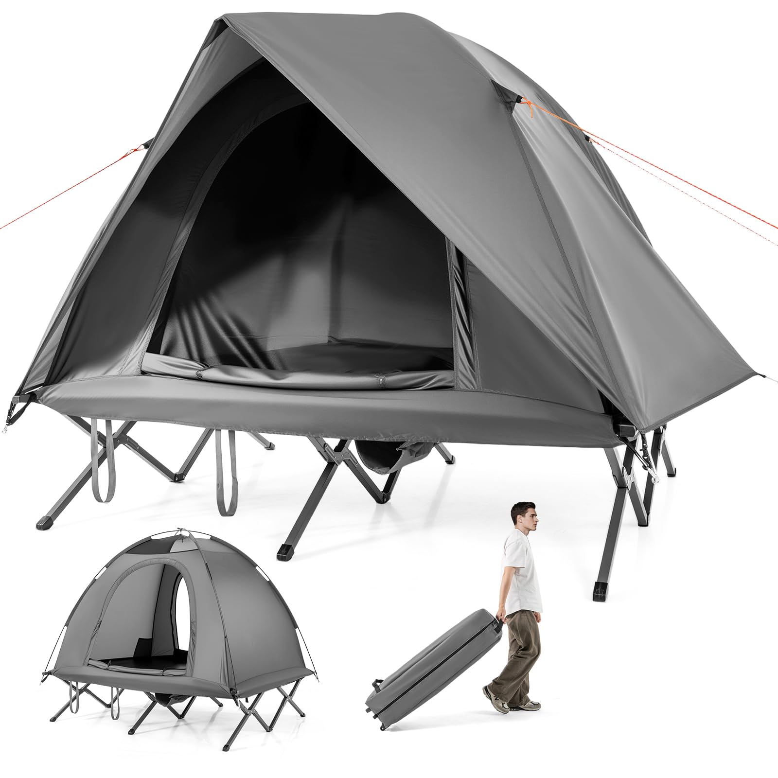 GYMAX 2-Person Camping Cot Tent, Folding Off-Ground Cot Bed Combo with Portable Wheeled Bag, Waterproof Rainfly, 2 Mesh Doors & 