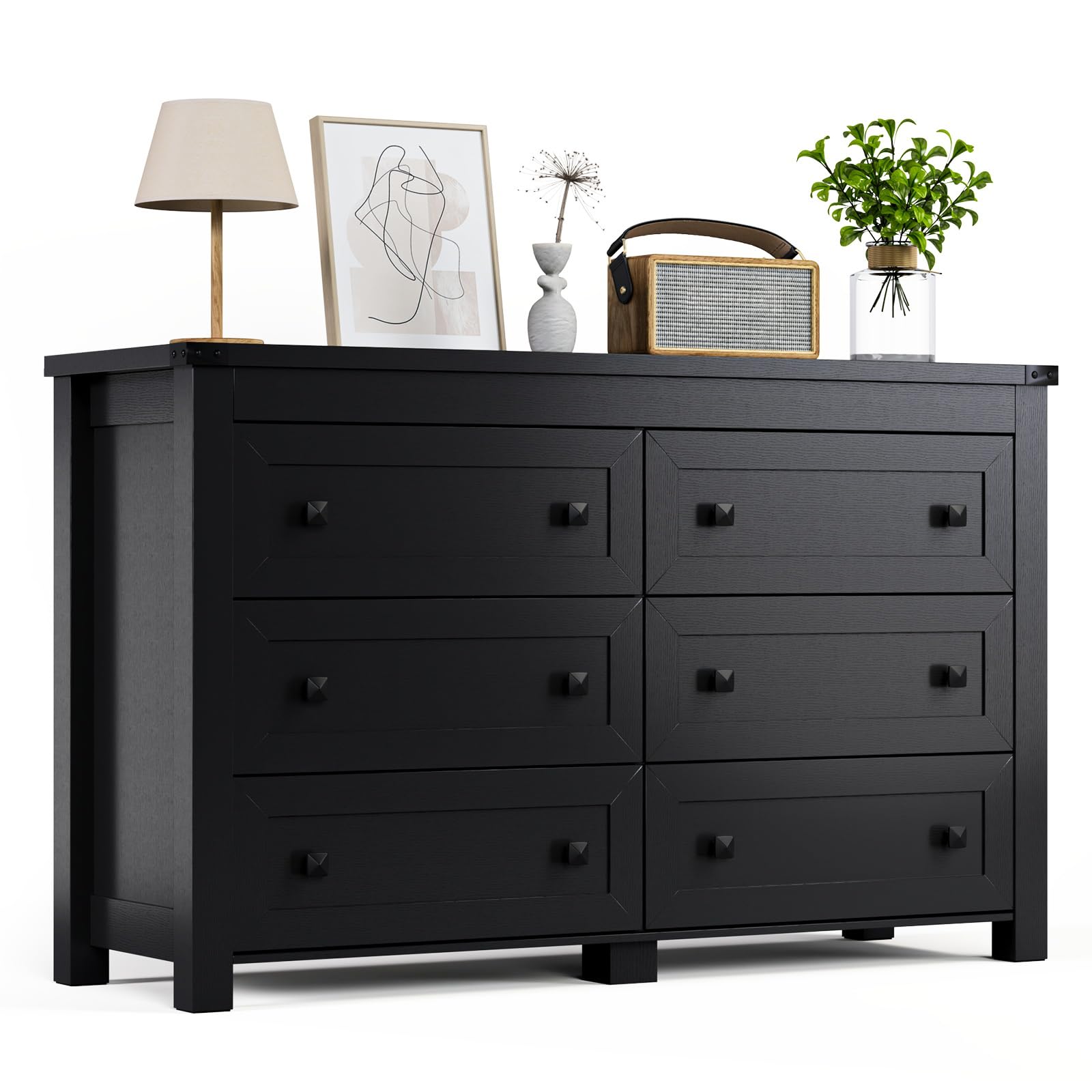 HUANLEGO Black Dresser for Bedroom with 6 Drawers, Modern Chest of Drawers, Wood Dressers Bedroom Furniture Wide Storage Drawers