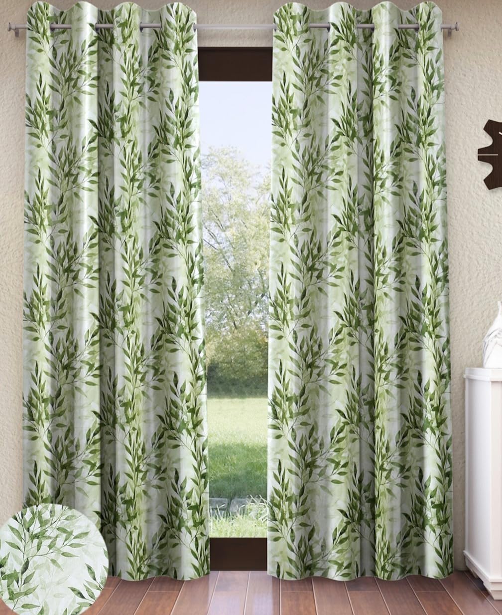 Home Sizzler 2 Pieces Floral Flow Grommet Polyester Window Curtain  5 Feet, Leaf Green