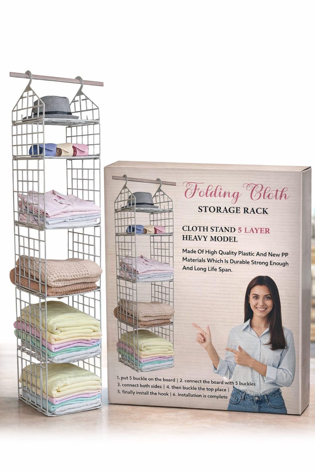 5 Layer Hanging Clothes Storage Rack, Foldable Wardrobe Shelf Organizer, Space Saving Closet Storage For Clothes And Accessories