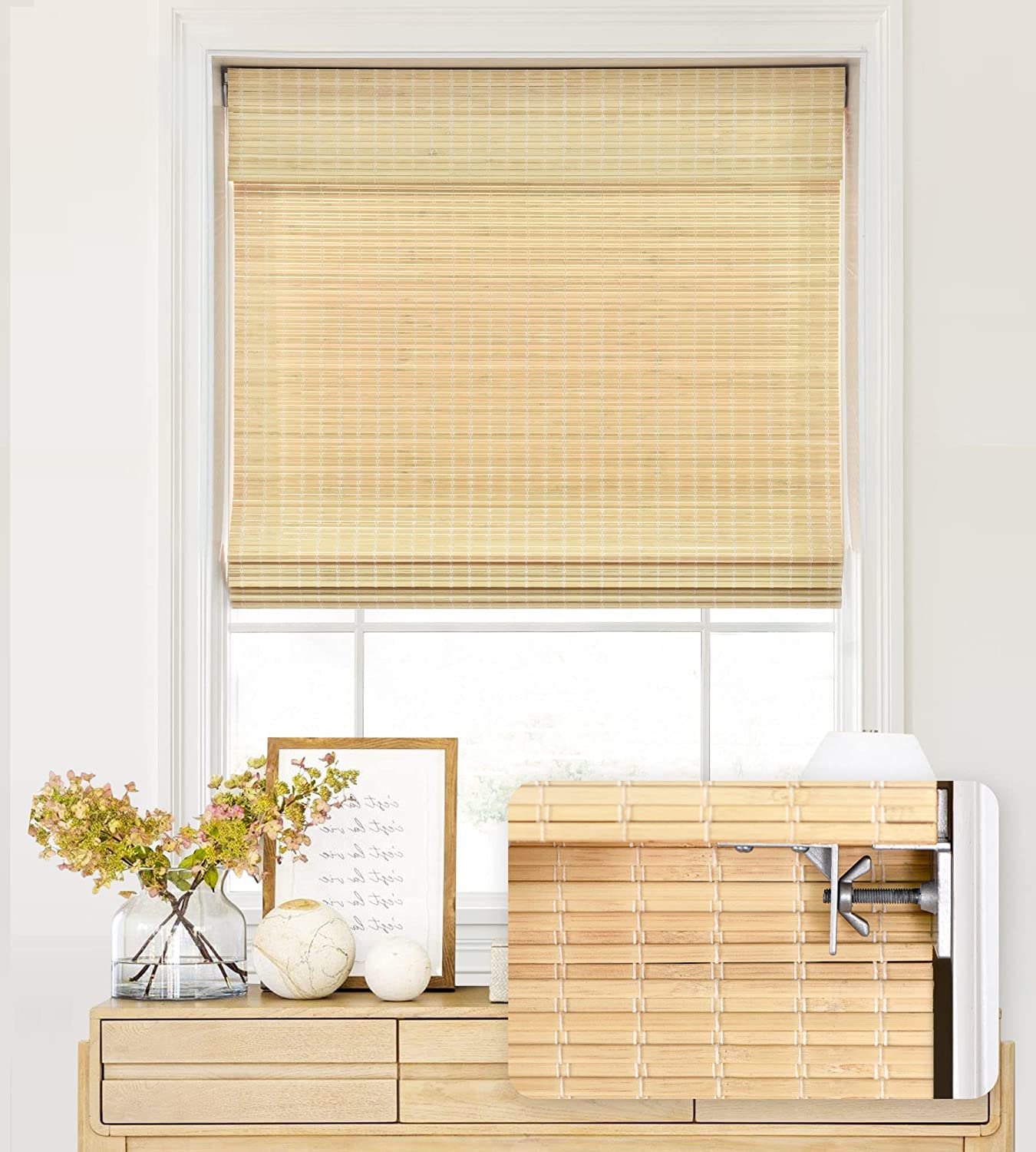 LazBlinds No Tools No Drill Cordless Bamboo Roman Shades, Privacy Window Treatment, Roll Up Bamboo Blinds for Window 29 W x 64