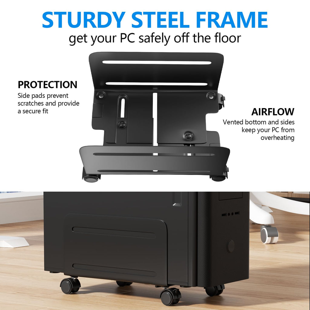Agptek Cpu Stand, Computer Tower Stand Adjustable Width From 4.7' To 8.2' With 2 Locking Wheels And 2 Caster Wheels, Upc Steel Rolling Stand Computer Stand For Desktop Tower (Black)