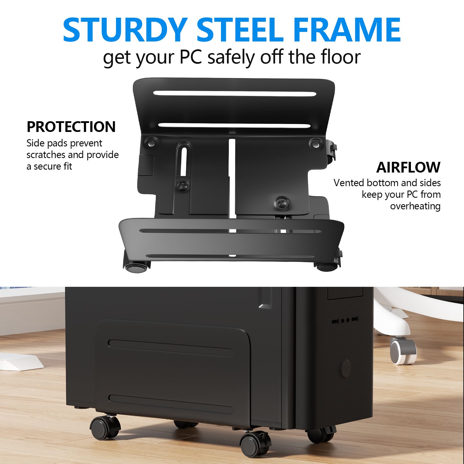 Agptek Cpu Stand, Computer Tower Stand Adjustable Width From 4.7' To 8.2' With 2 Locking Wheels And 2 Caster Wheels, Upc Steel Rolling Stand Computer Stand For Desktop Tower (Black)