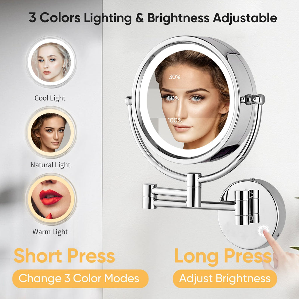 GURUN Wall Mounted Makeup Mirror with 10x Magnification, Dimmable LED Lights, 13" Extendable Arm, Chrome Finish