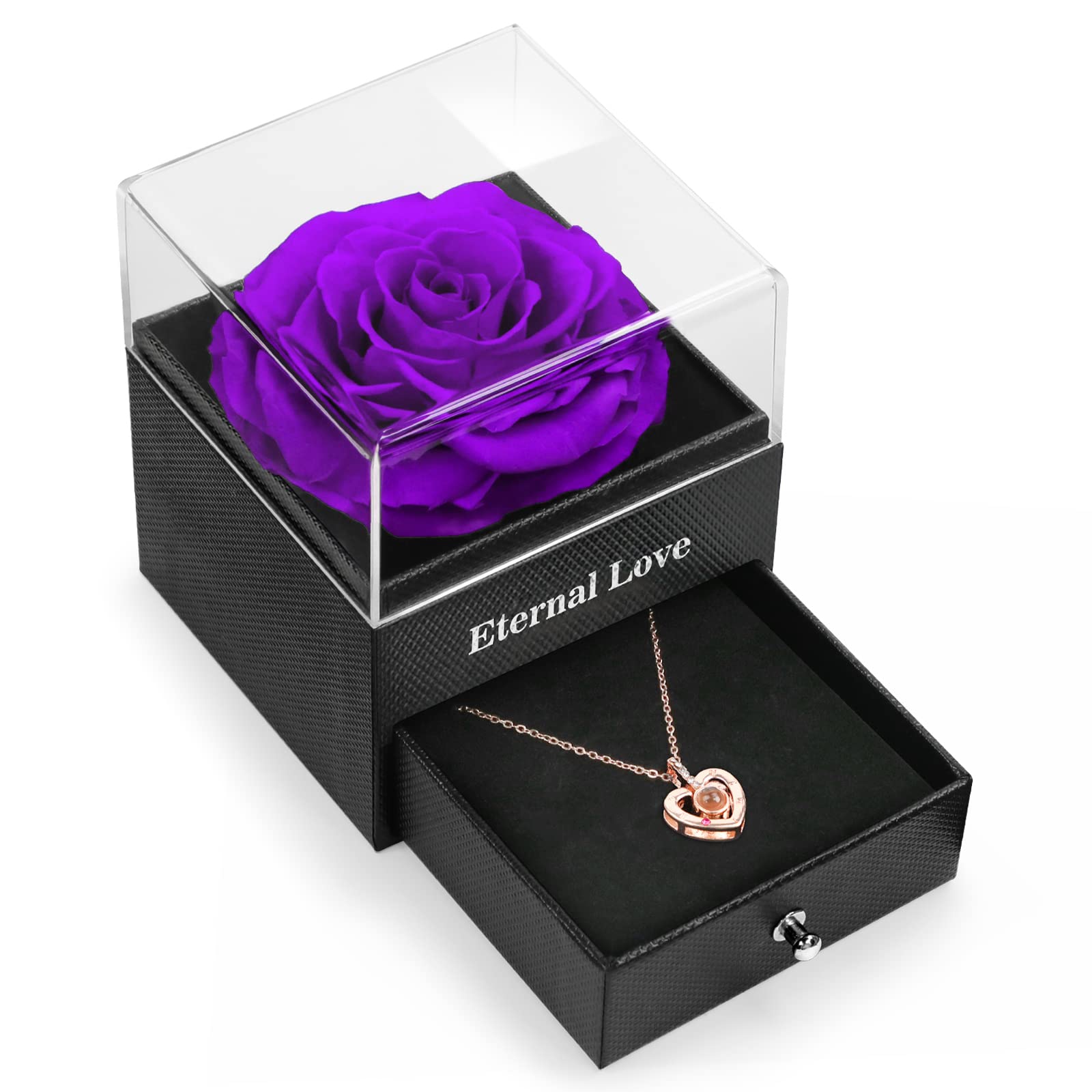 HEGUD Preserved Real Rose with I Love You Necklace in 100 language for Valentines Day Gifts, Gift for Her, Girlfriend, Eternal 