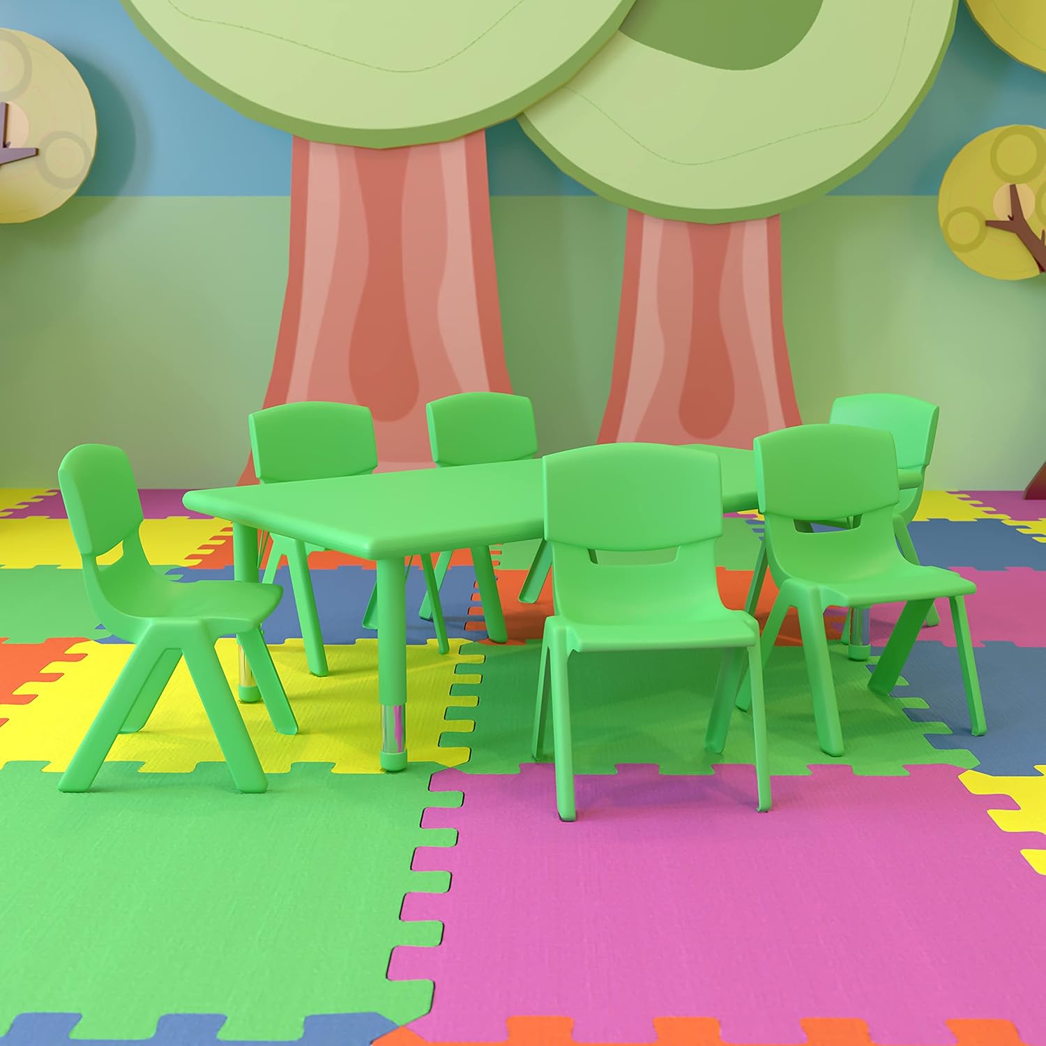 24W x 48L Rectangular Green Plastic Height Adjustable Activity Table Set with 6 Chairs