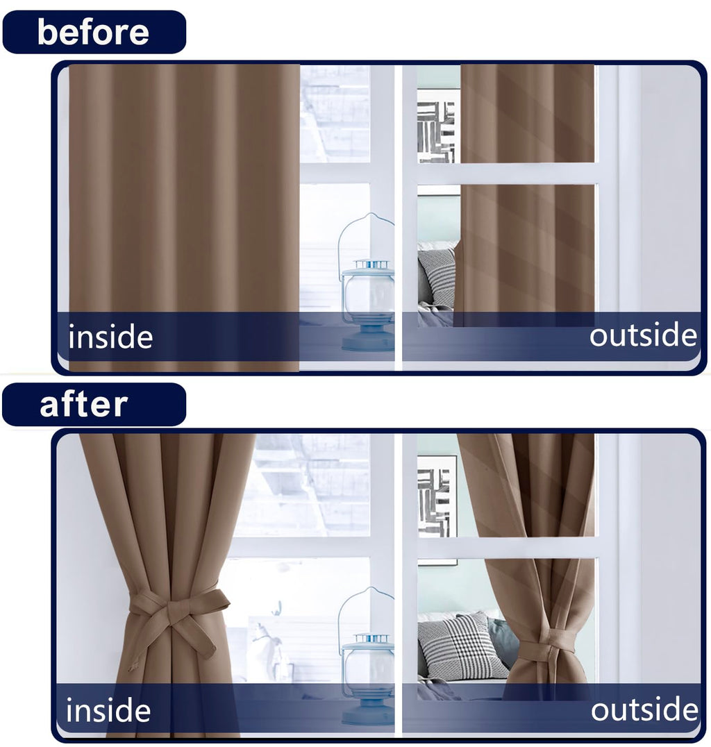 Hiasan Short Mocha Curtains 54 Inch Long, Light Blocking Thermal Insulated Rod Pocket & Back Tab Blackout Drapes Sewn With Tieba