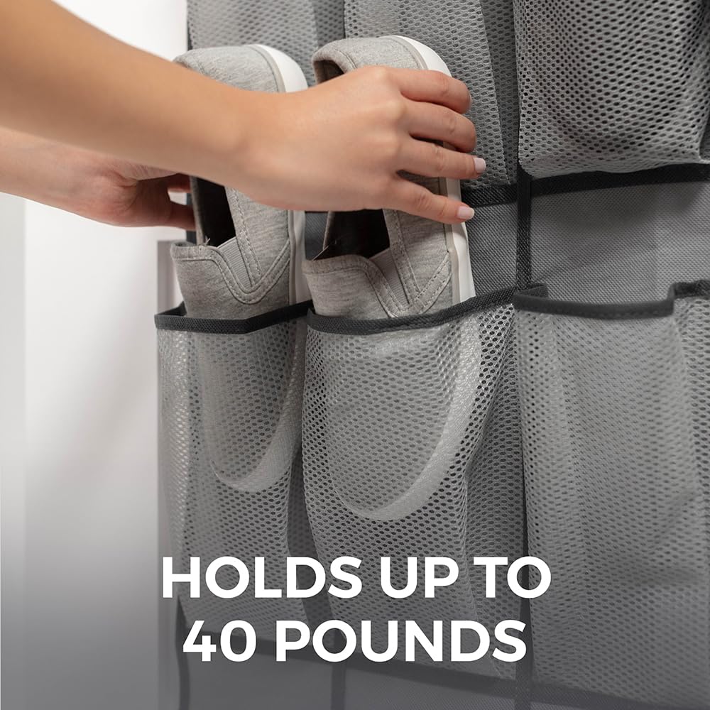 HOME GENIE Over the Door Shoe Organizer, 24 Mesh Pockets, Slate Gray, Holds Up to 40 lbs, Model 840316705363