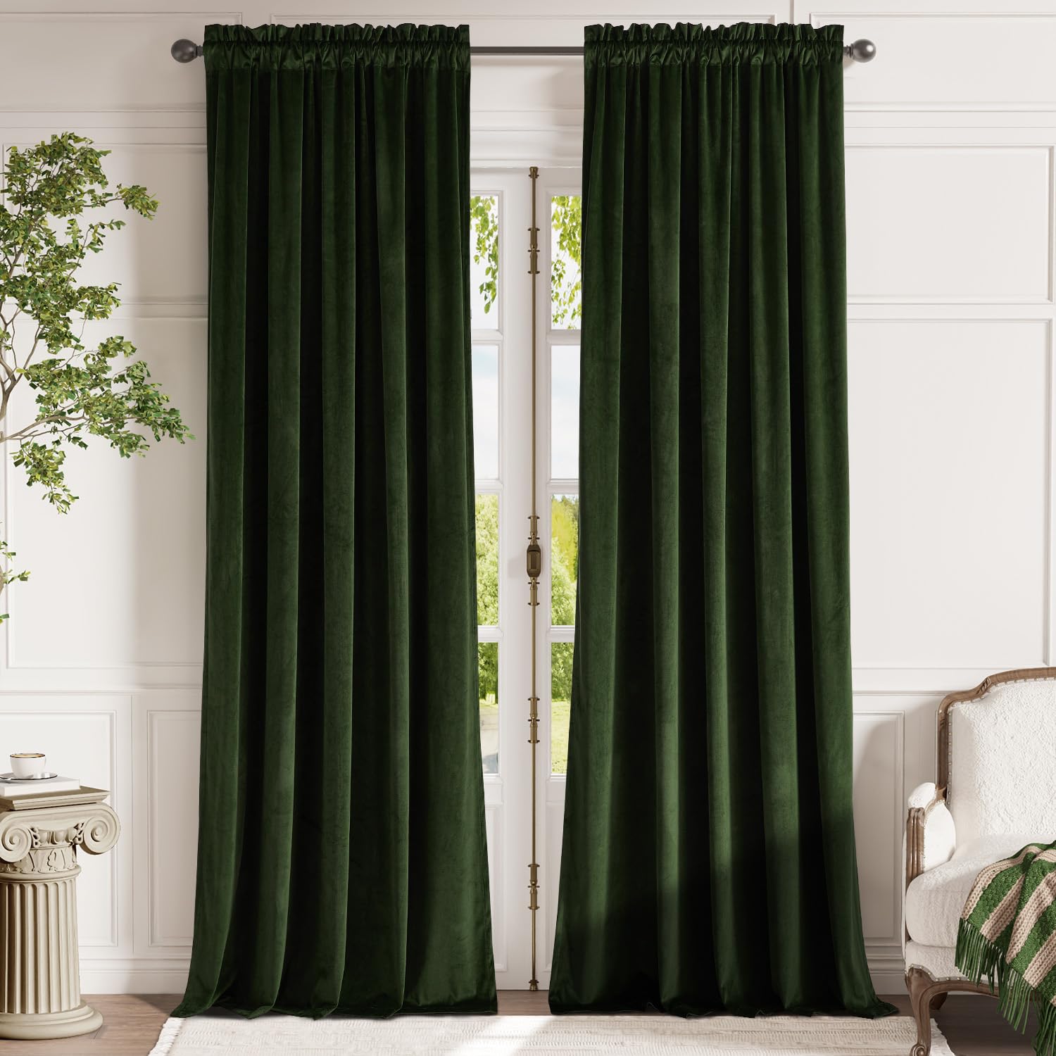Lazzzy Green Velvet Curtain Thermal Insulated Curtains 108 Inch Long Drapes For Bedroom Living Room Darkening Window Treatments Rod Pocket, Set Of 2, Moss Green