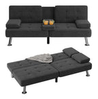 Flamaker Futon Sofa Bed Modern Folding Futon Set Linen Fabric Convertible Recliner Lounge For Living Room With 2 Cup Holders, Removable Armrests (Fabric, Black)