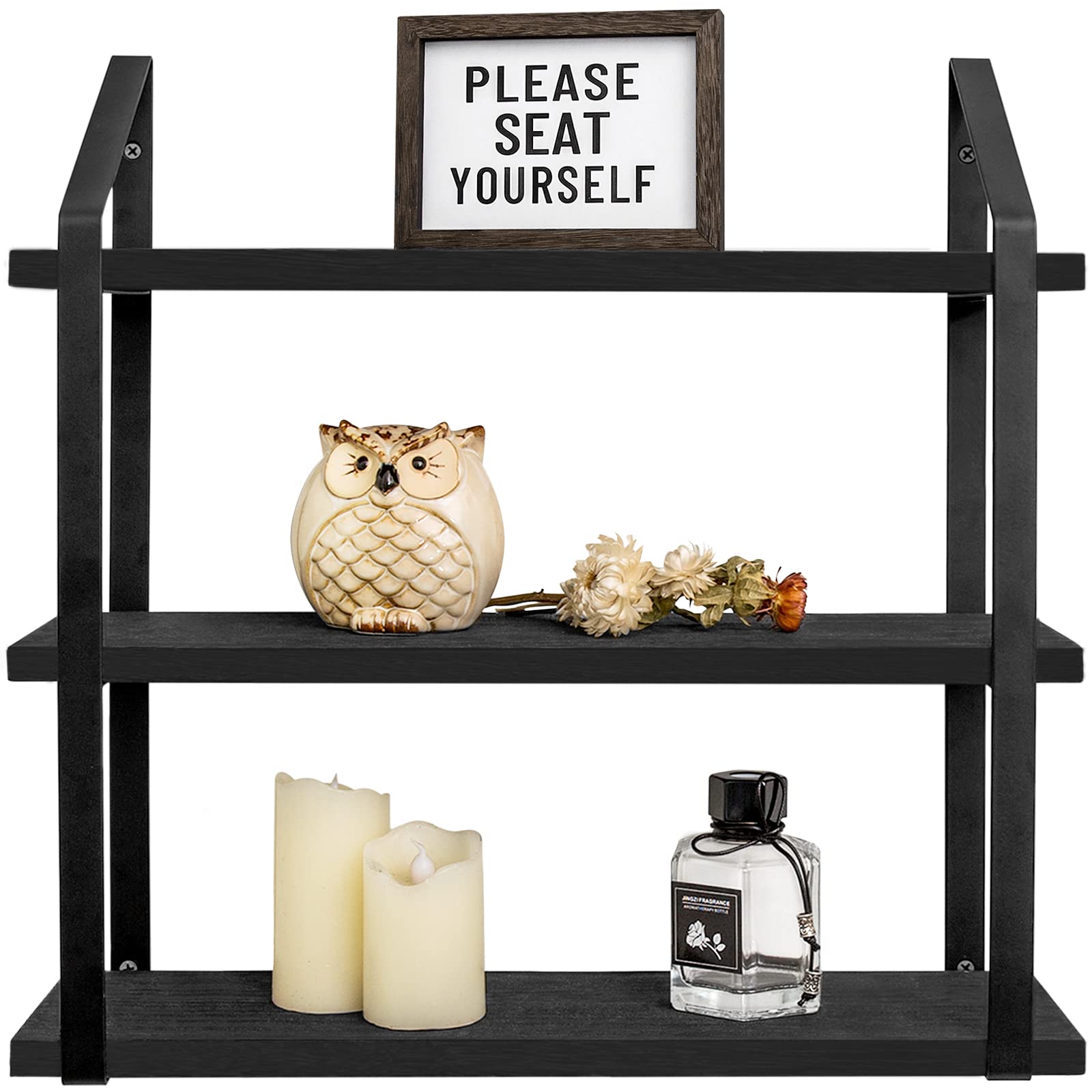 Mkono Floating Wall Shelves 3 Tier Rustic Hanging Shelf with Metal Bracket Wall Mount Wood Storage Display Shelves for Living Ro