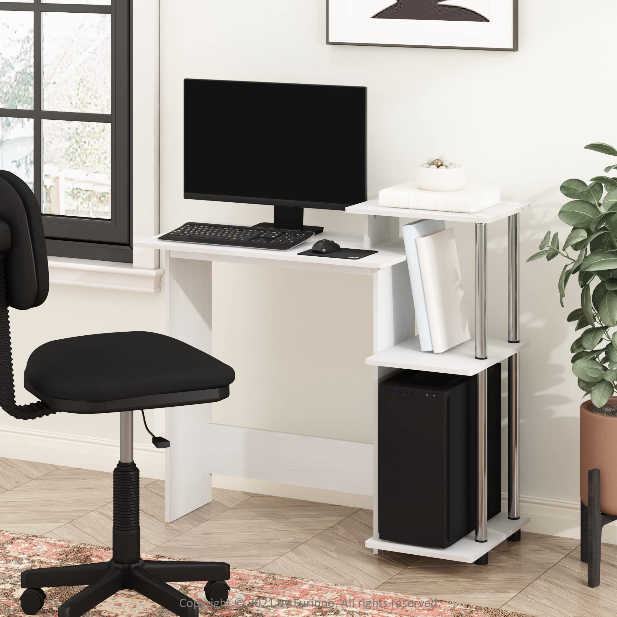 Furinno Efficient Home Laptop Notebook Computer Desk with Square Shelves, Side, White Oak/Chrome