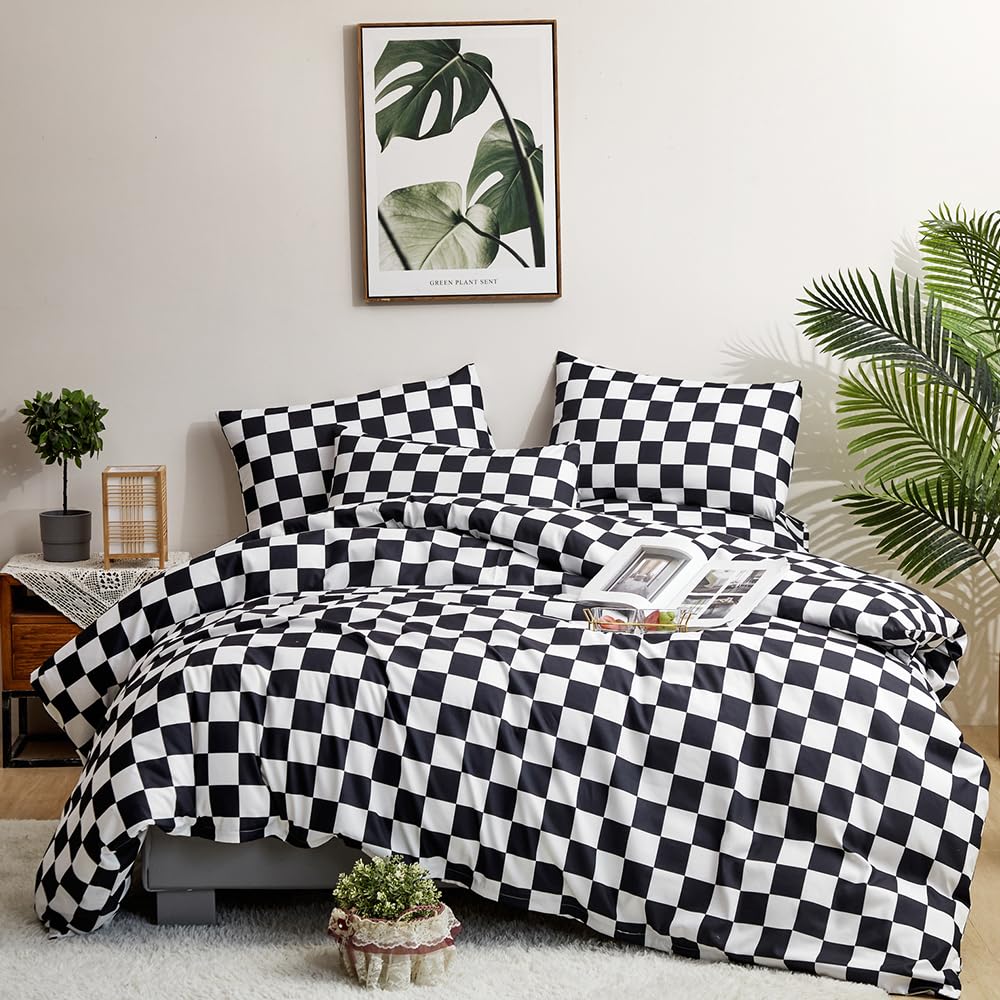 Clothknow Black Plaid Twin Comforter Set 3Pcs Black White Grid Bedding Comforter Sets Checker Comforter Twin Soft Black And White Comforter Sets Twin