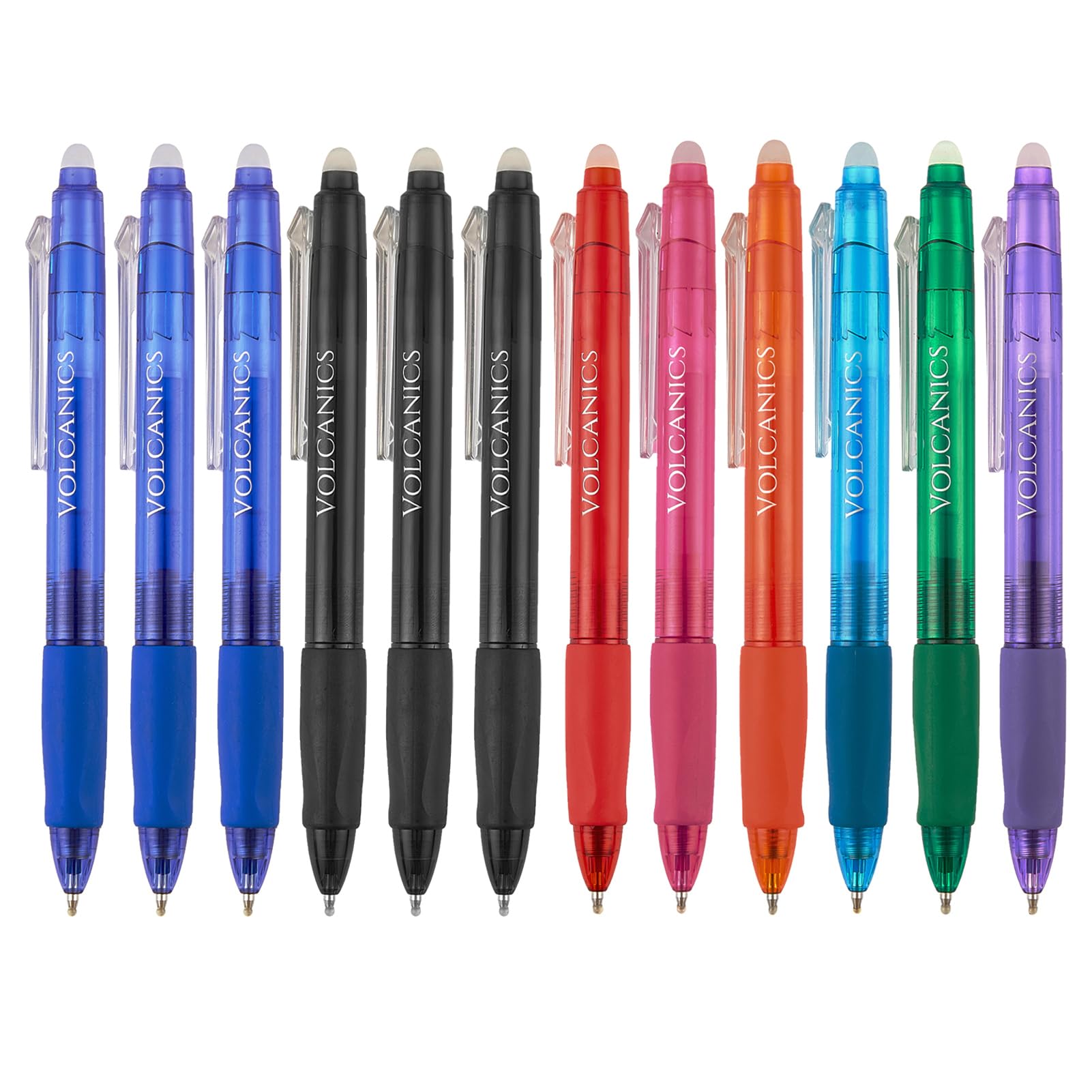 Volcanics Retractable Clicker Erasable Gel Pens - 0.7Mm Ball Point, Heat Erase With Built-In Eraser, 12 Pack Assorted Colors