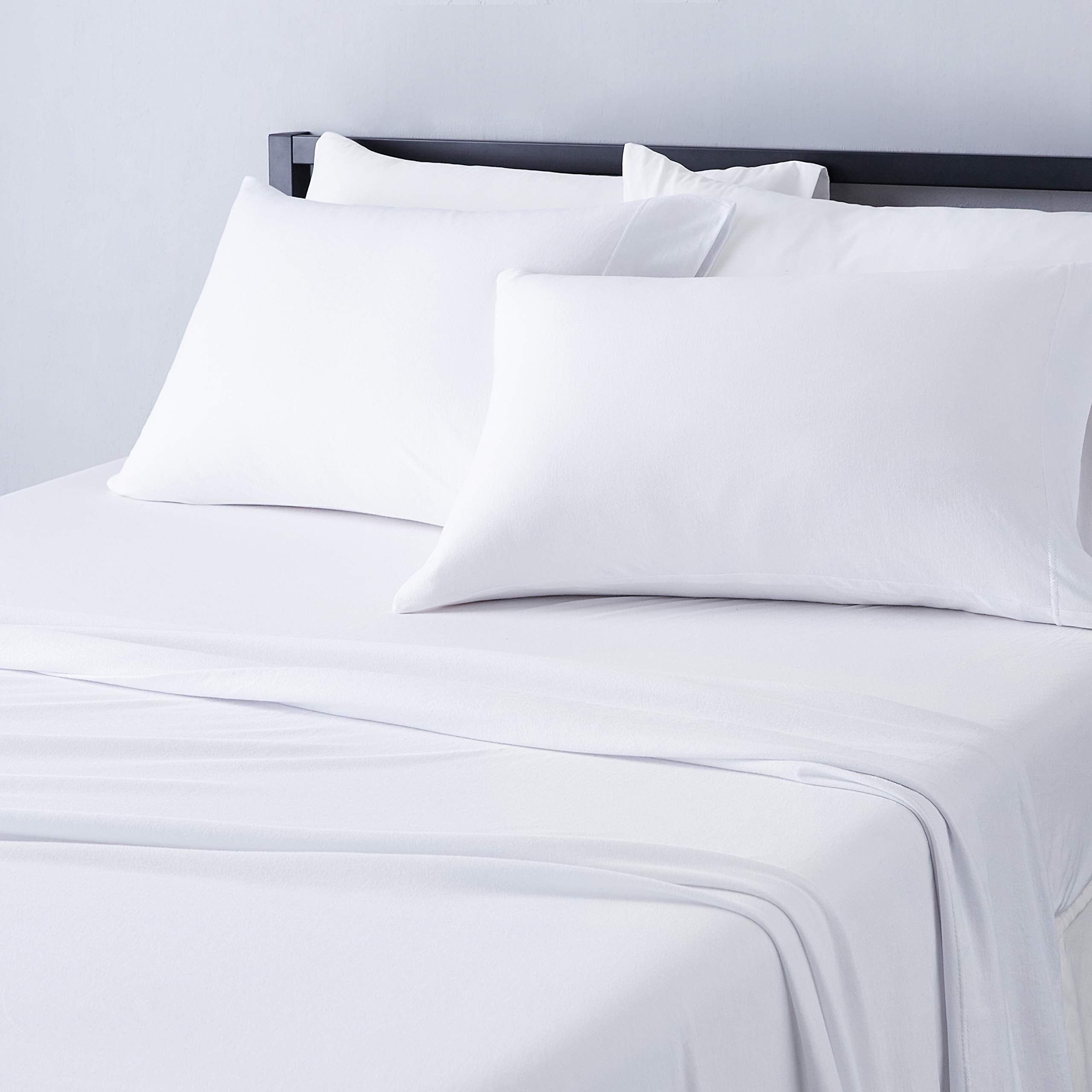 Amazon Basics 4 Piece Bed Sheet Set, 100% Cotton Jersey, Includes Super Soft, Flat and Fitted Sheets, Pillowcase, Full, White, S