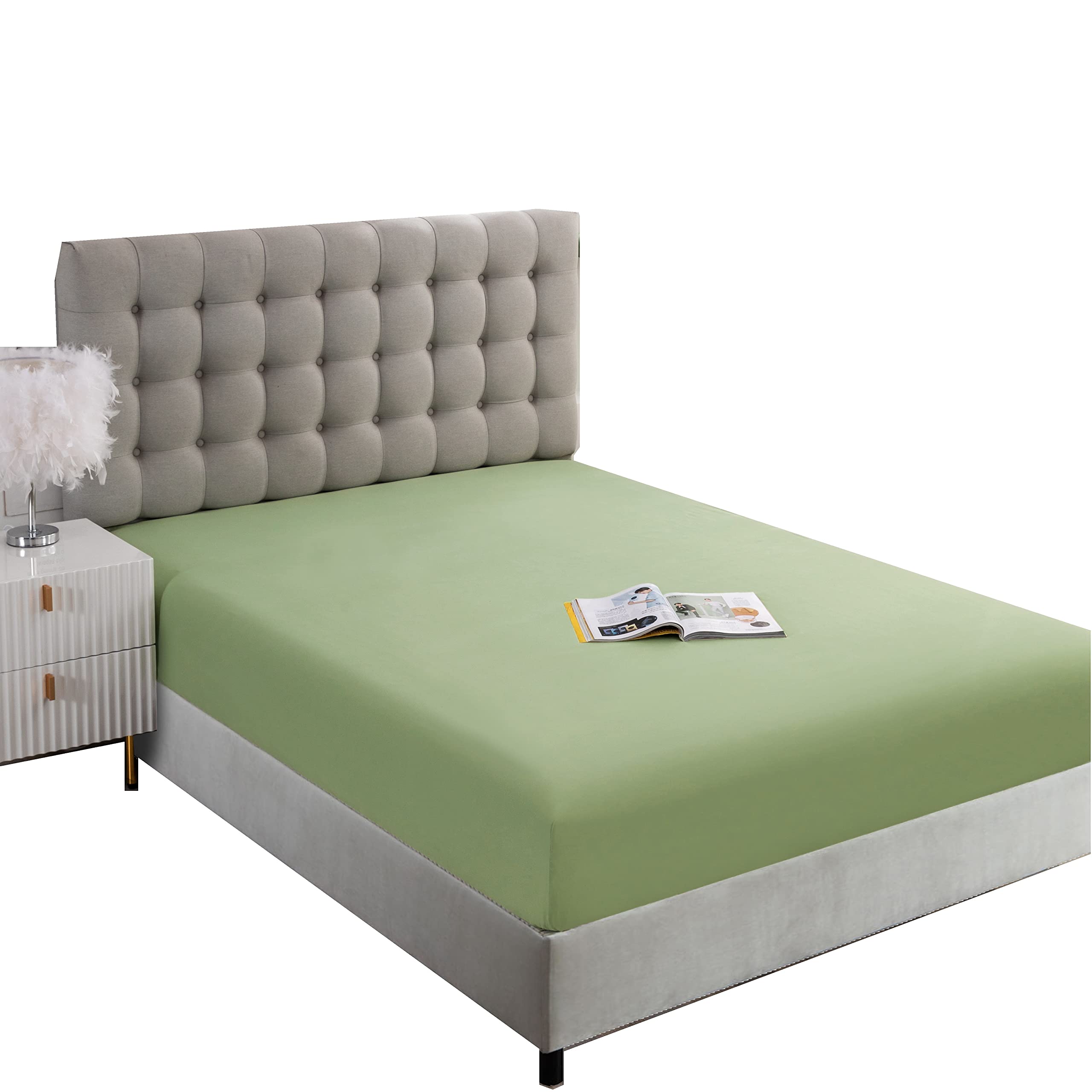 Ghooss Queen Size Fitted Sheet-Single Fitted Deep Pocket Sheet Up To 14 Inch-Wrinkle-Fade-Stain Resistant-1 Pack(Sage Green,Quee