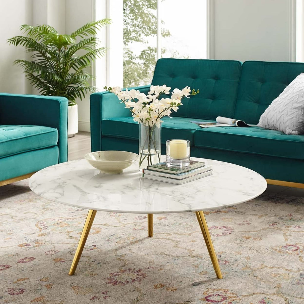 Modway Lippa 40" Round Artificial Marble Coffee Table With Tripod Top, Gold Base