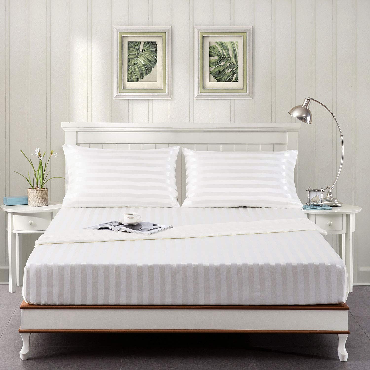 Lanest Housing Satin-Silk Sheets King Size Bed Set, Ivory White Soft Cooling Deep Pocket King Sheets, Hypoallergenic, Wrinkle An