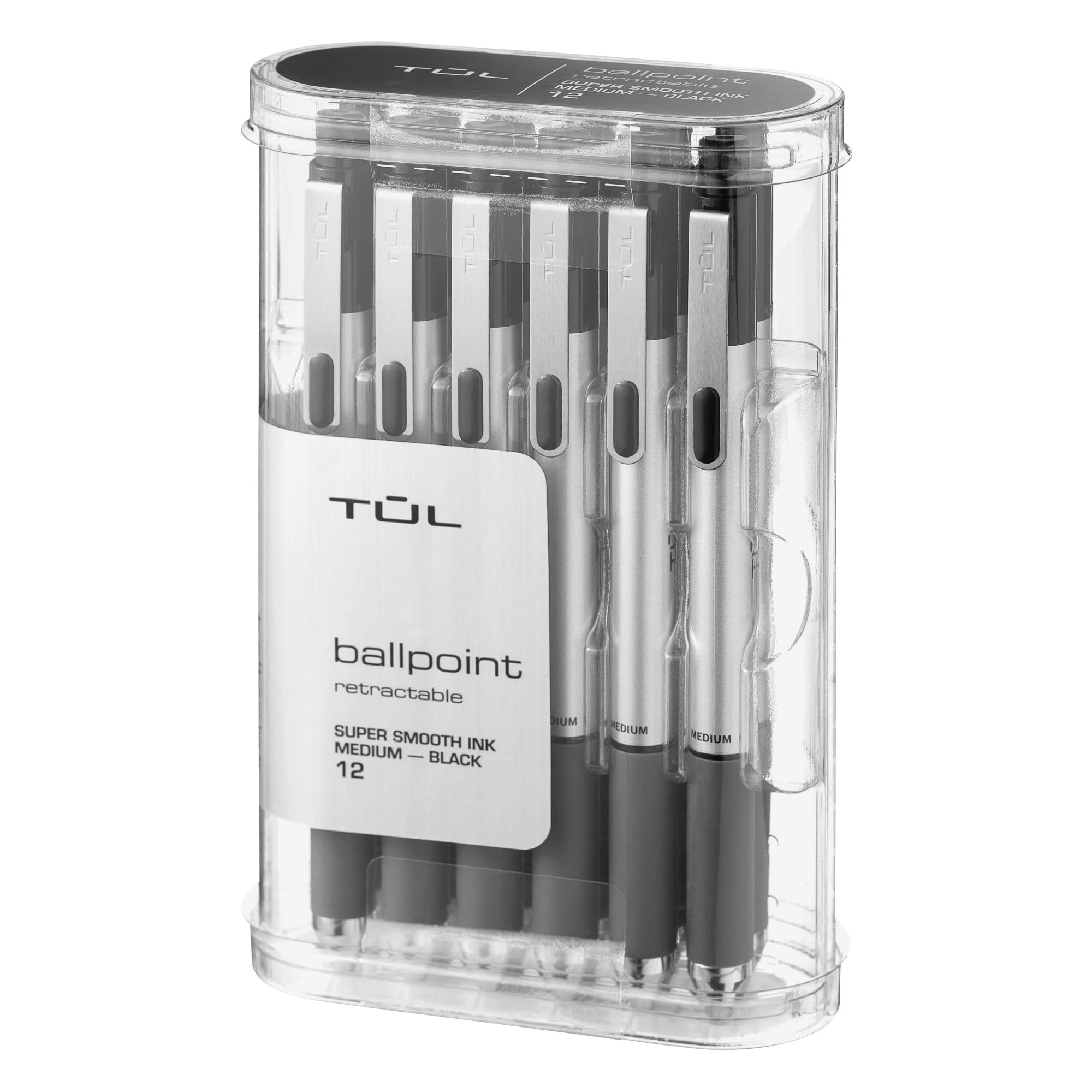 Tul Bp3 Retractable Ballpoint Pens, Medium Point, 1.0 Mm, Silver Barrel, Black Ink, Pack Of 12 Pens