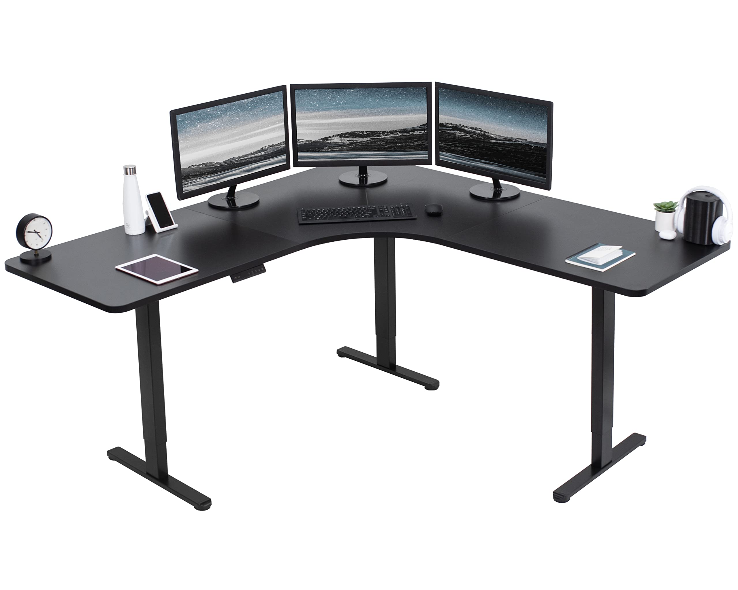 Vivo Electric Height Adjustable 71 X 71 Inch Curved Corner Stand Up Desk, Black Table Top, Black Frame, Memory Controller, L-Shaped Workstation, E3C Series, Desk-Kit-E3Cb2