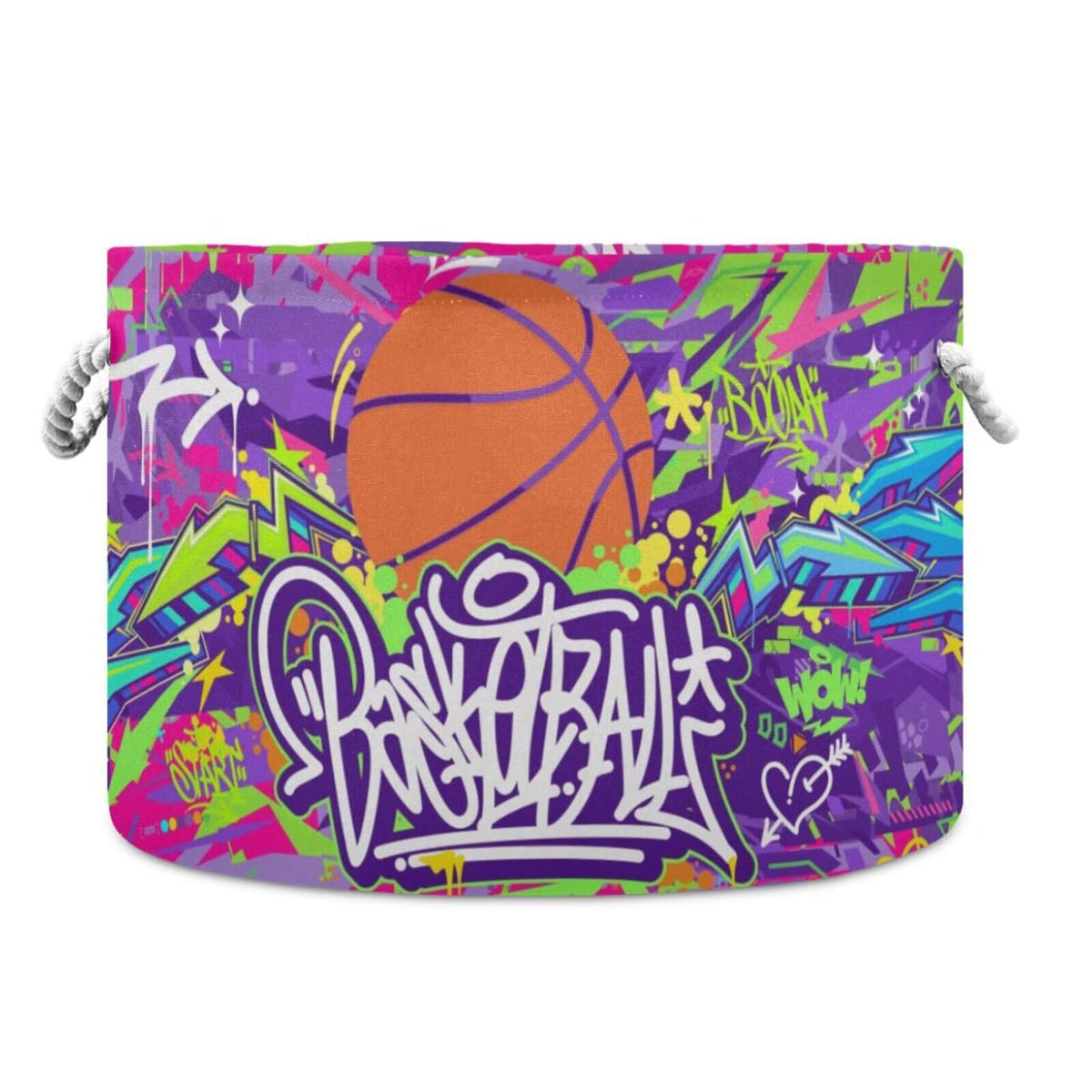 LEANSHSA Basketball Print Collapsible Round Storage Basket with Handles