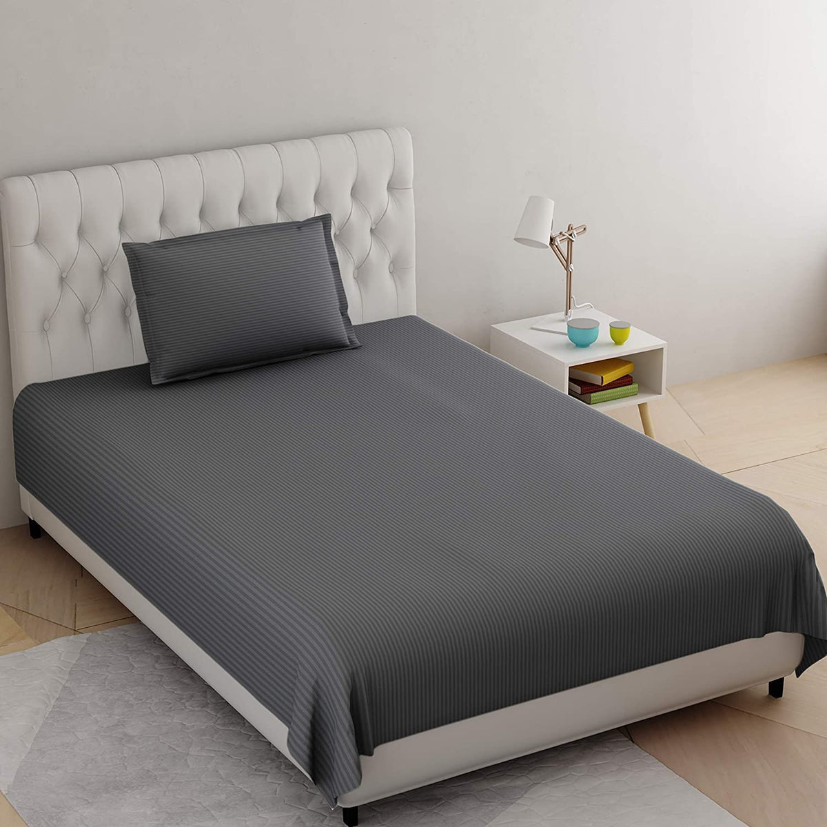 Castiqa Satin Fabric Soft and Breathable Stripes Pattern King Size Flat Single Bed Bedsheet Set with Pillow Cover Tc150 (Single