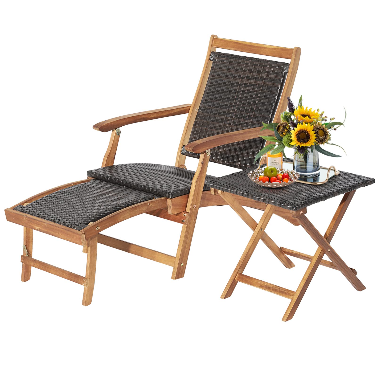 Relax4Life Patio Lounge Chair Set - Outdoor Acacia Wood Chaise Lounge W/Side Table, Armrest & Retractable Ottoman, Rattan Seat, Tabletop, Quick Folding Sunbathing Chair For Backyard, Poolside (1)