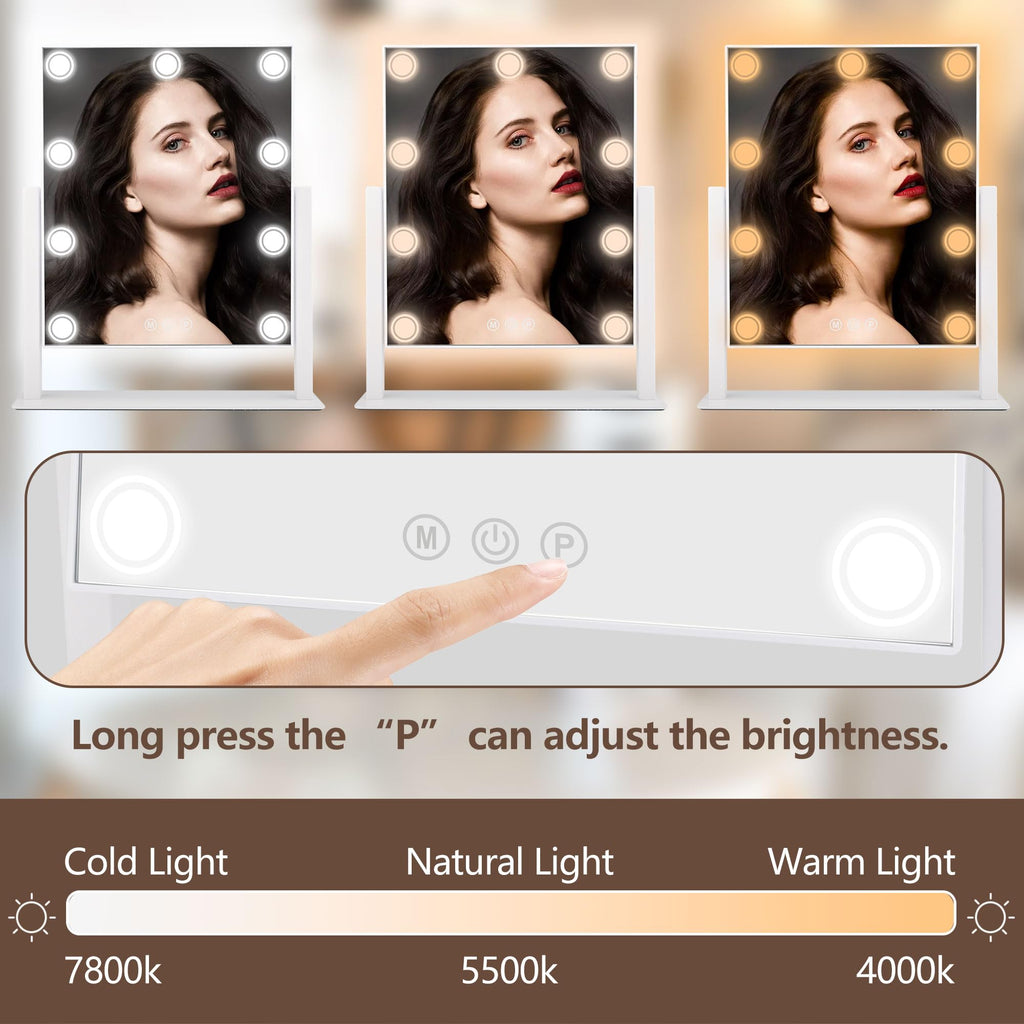 Slimoon Lighted Makeup Mirror, 14'X 12' Hollywood Vanity Mirror With 9 Led Bulbs, 3 Color Lights, And Detachable 10X Magnifica