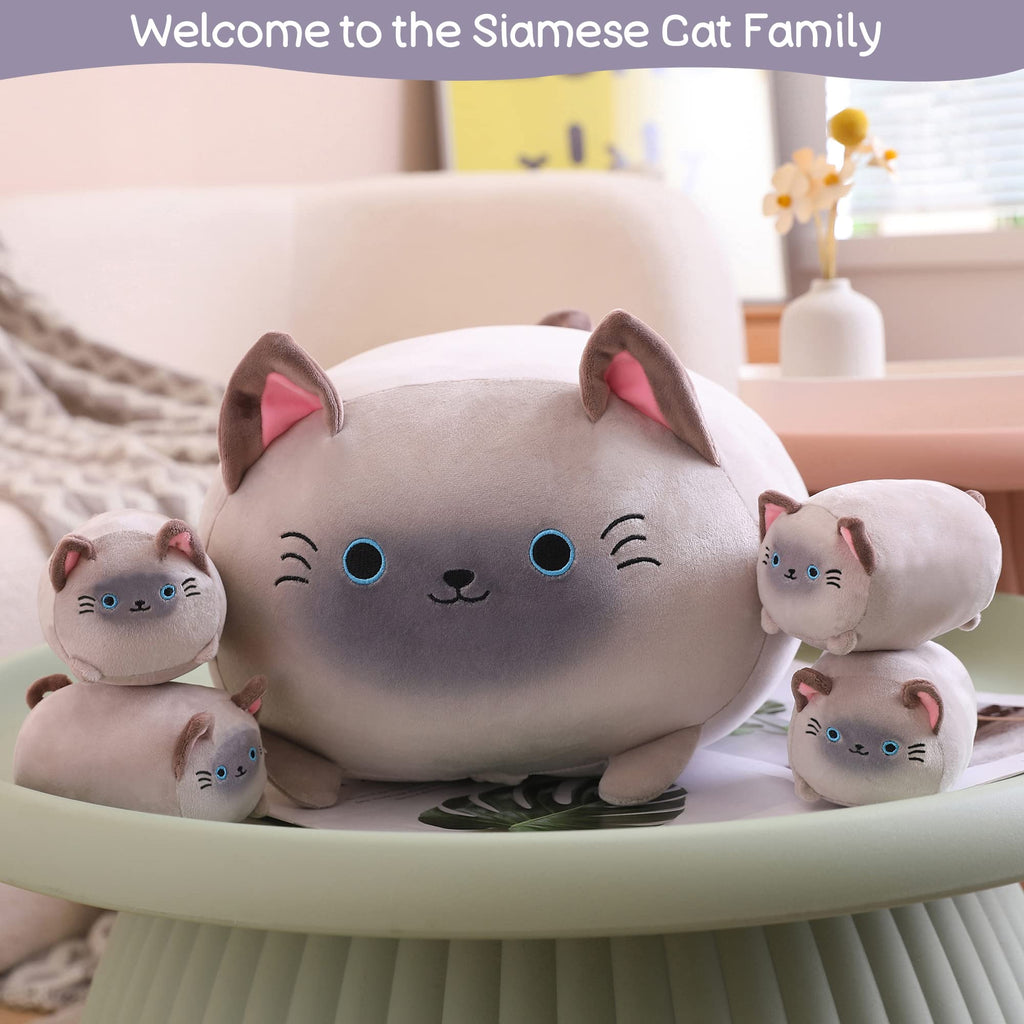 SQEQE Siamese Cat Plush Toy with 4 Detachable Kitties, Soft Plush Pillow Gift, Cotton, Siamese Cat, 17 inch