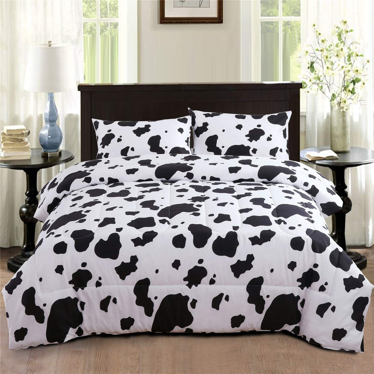 Perfemet Cow Print Bedding Comforter Set Queen Size Black And White Reversible Geometric Checkered Bedding Set For Kids Teens Bo