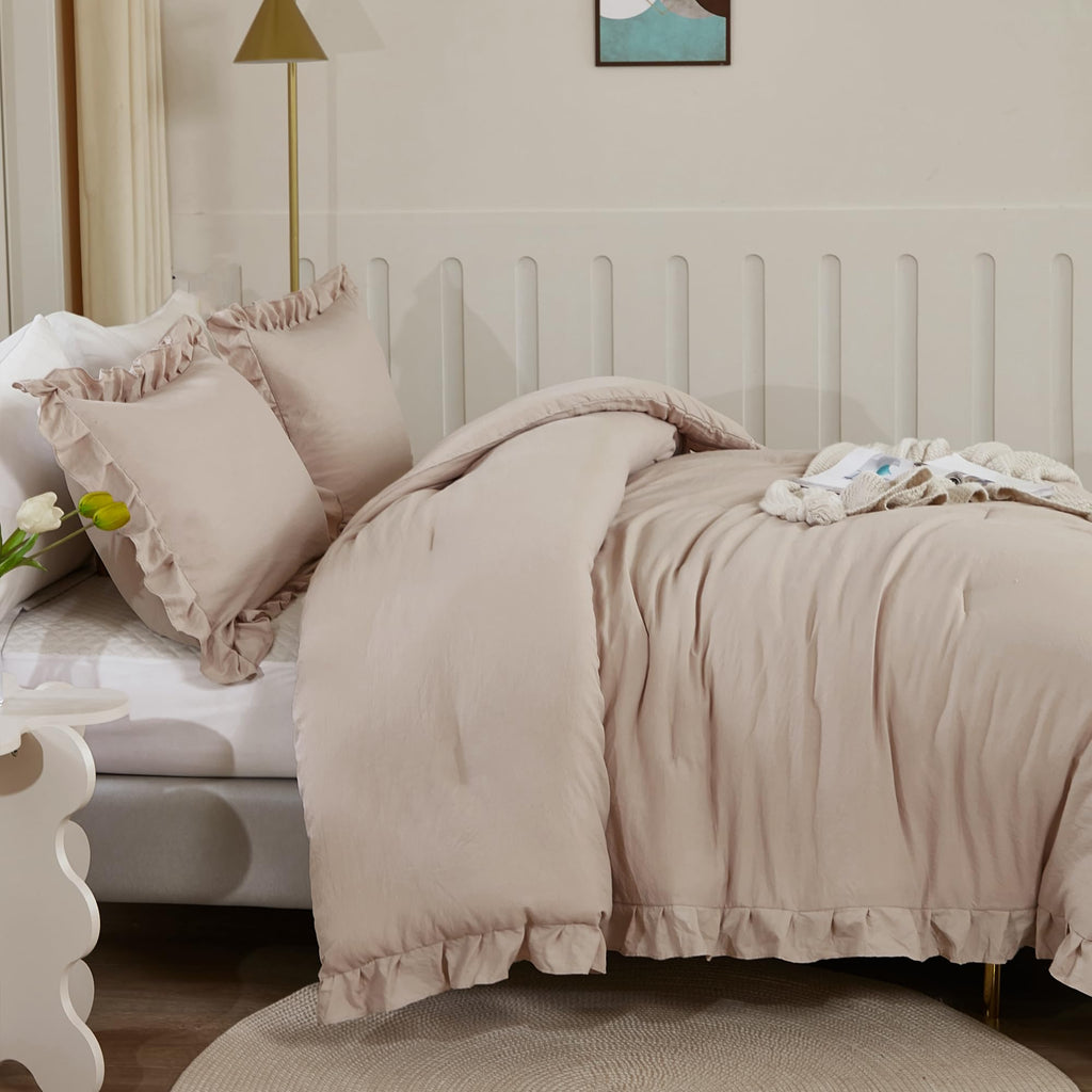 Litanika King Comforter Set Khaki, 3 Pieces Ruffle Farmhouse Aesthetic Bedding Comforter Set, Lightweight Fluffy Microfiber Bed