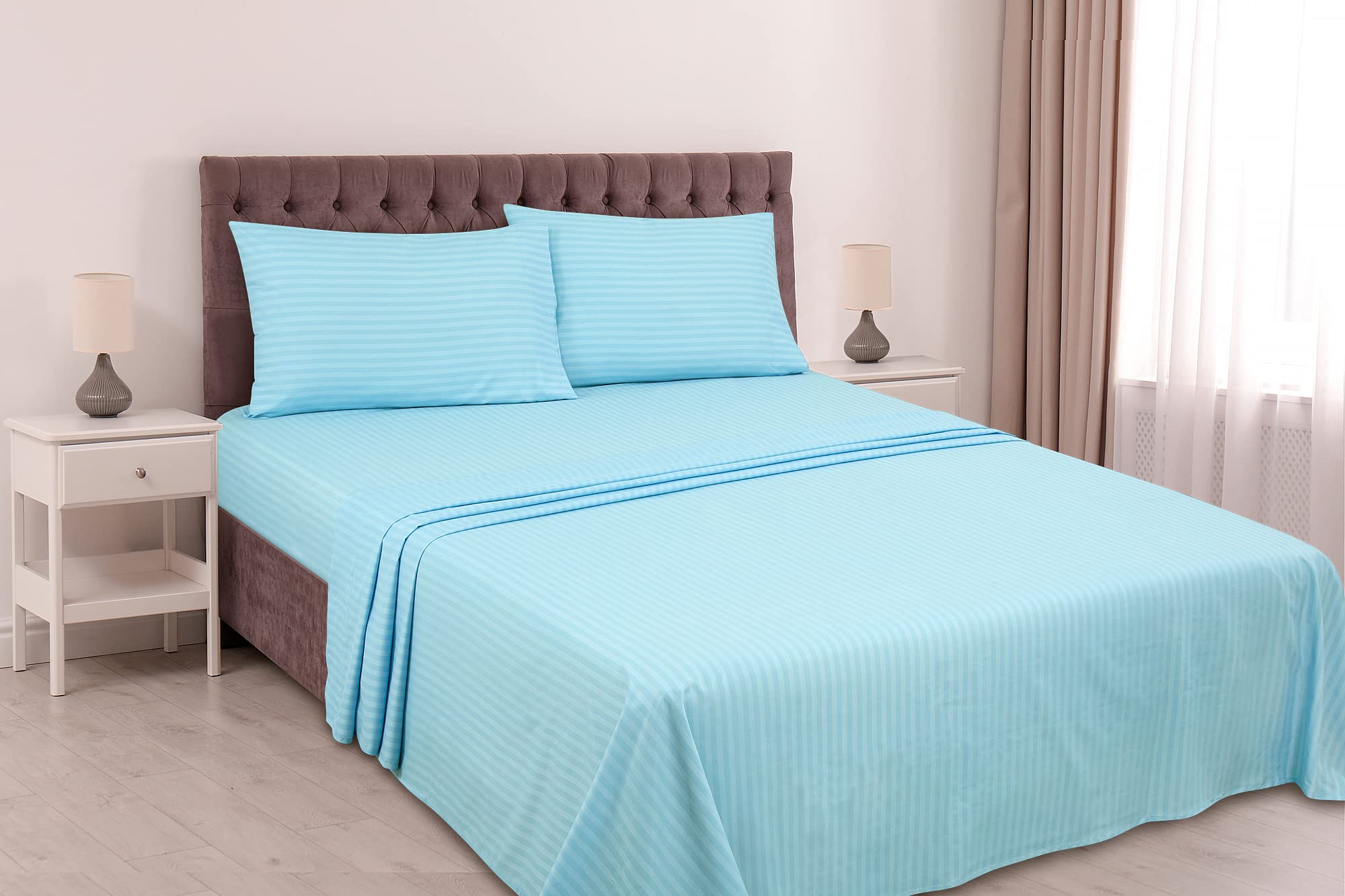 Royale Linen Striped Bed Sheet Set -Brushed Microfiber 1800 Bedding - 1 Fitted Sheet 1 Flat Sheet 2 Pillowcase - 4 Piece Damask