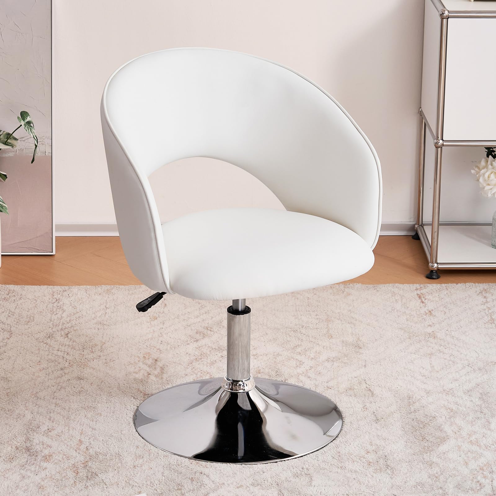 Furniliving Vanity Chair with Arm, PU Leather Chair for Vanity, Swivel Accent Chair, Adjustable Height Makeup Chair with Chrome 