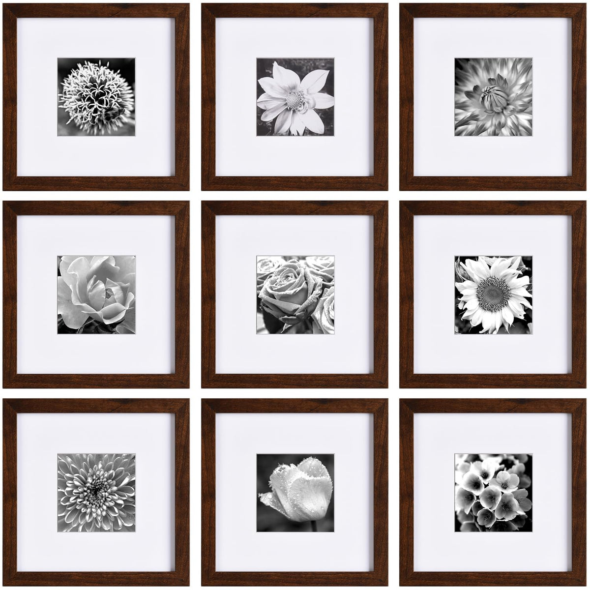 Yaetm 8x8 Picture Frame with Mat for 4x4 Set of 9, Square 8x8 Frame Brown Wood Grain, Gallery Wall Frames 8 x 8 for Wall Mounting Display (9 Pack, Brown)