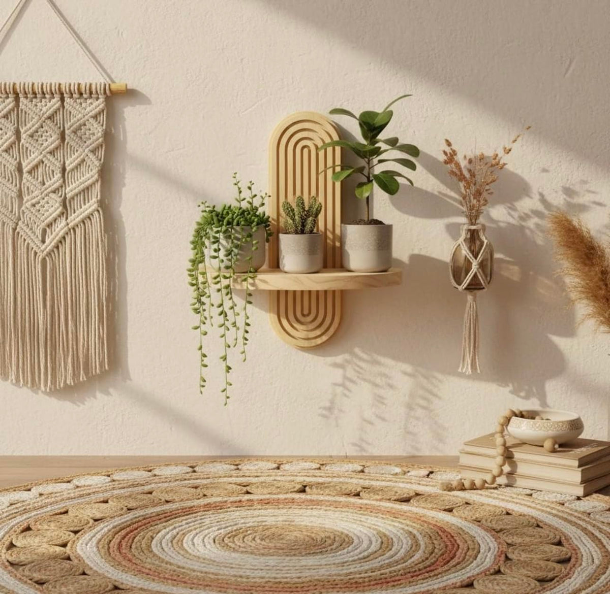 Soulwood By Nandika Boho Wooden Wall Shelf, Geometric Wall Mounted Shelf, Natural Wood Finish, Modern Home Decor For Plants And 