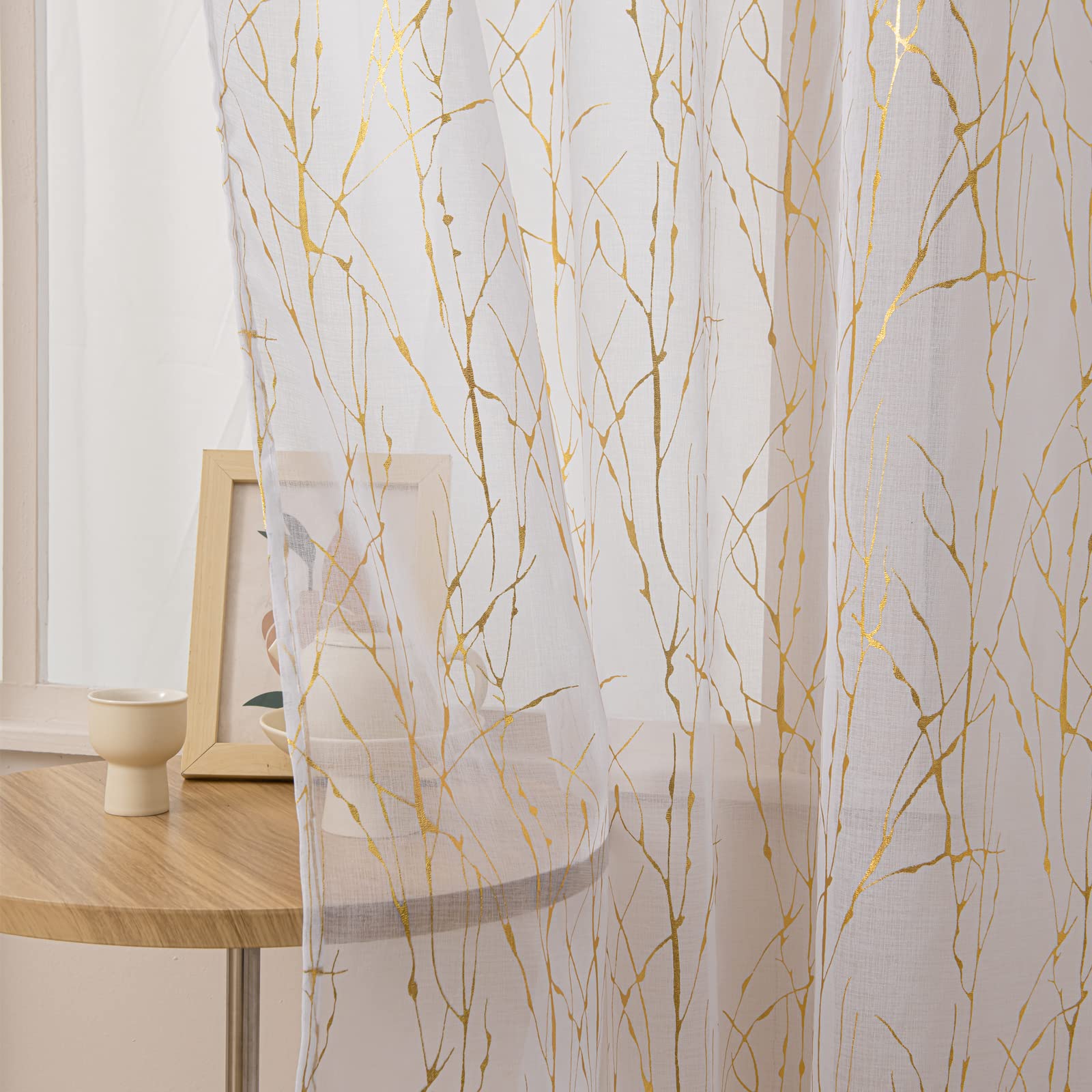 Deeprove White Sheer Curtains 96 inches Long 2 Panels, Tree Branch Gold Foil Print Metallic for Bedroom Living Room Xmas Artisti