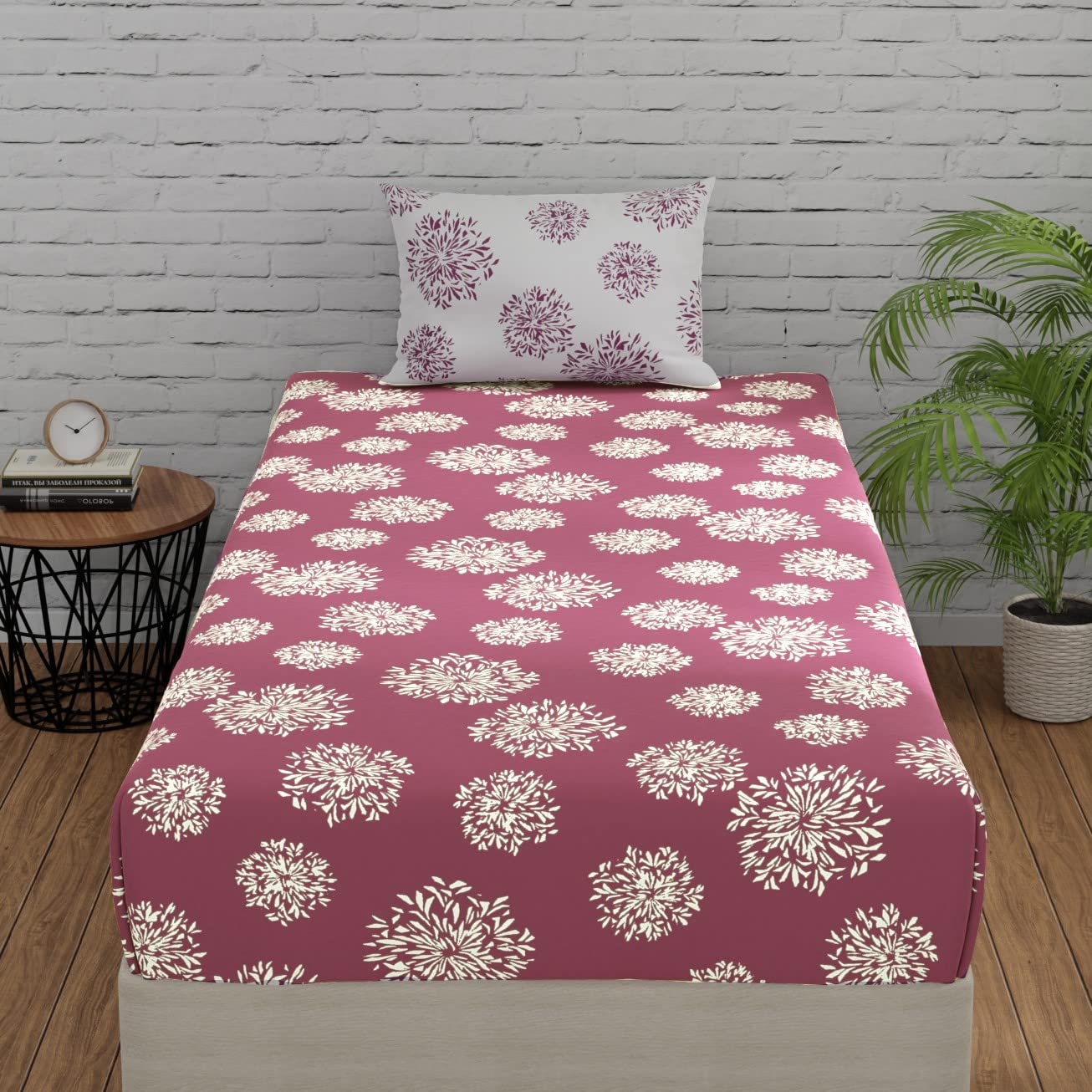 Huesland By Ahmedabad Cotton 144 Tc Single Cotton Bedsheet With 1 Pillow Cover  Mauve & White