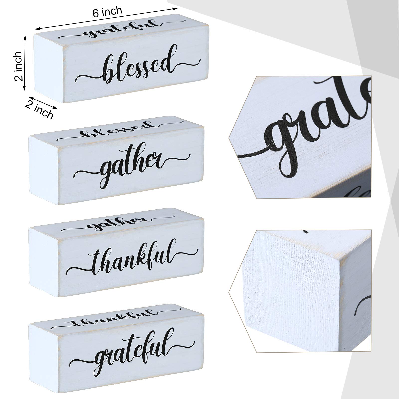 Jetec Wooden Decor Sign - Four-Sided Inspirational Block, 'Blessed', 'Gather', 'Thankful', 'Grateful', Rustic Farmhouse Style, 1