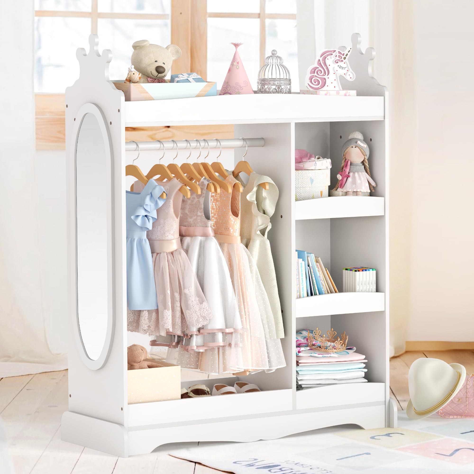Curipeer Kids Dress up Storage with Mirror, Kids Wardrobe with 3 Hooks, Kids Closet for Girls Boys, Kids Armoire Costume Organiz
