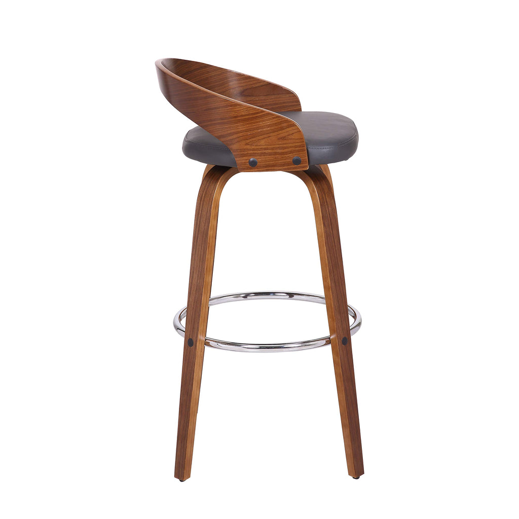 Armen Living Sonia Mid Century Modern Swivel Bar Stool For Kitchen Island Counter In Gray Faux Leather And Walnut Wood, 30' Seat Height