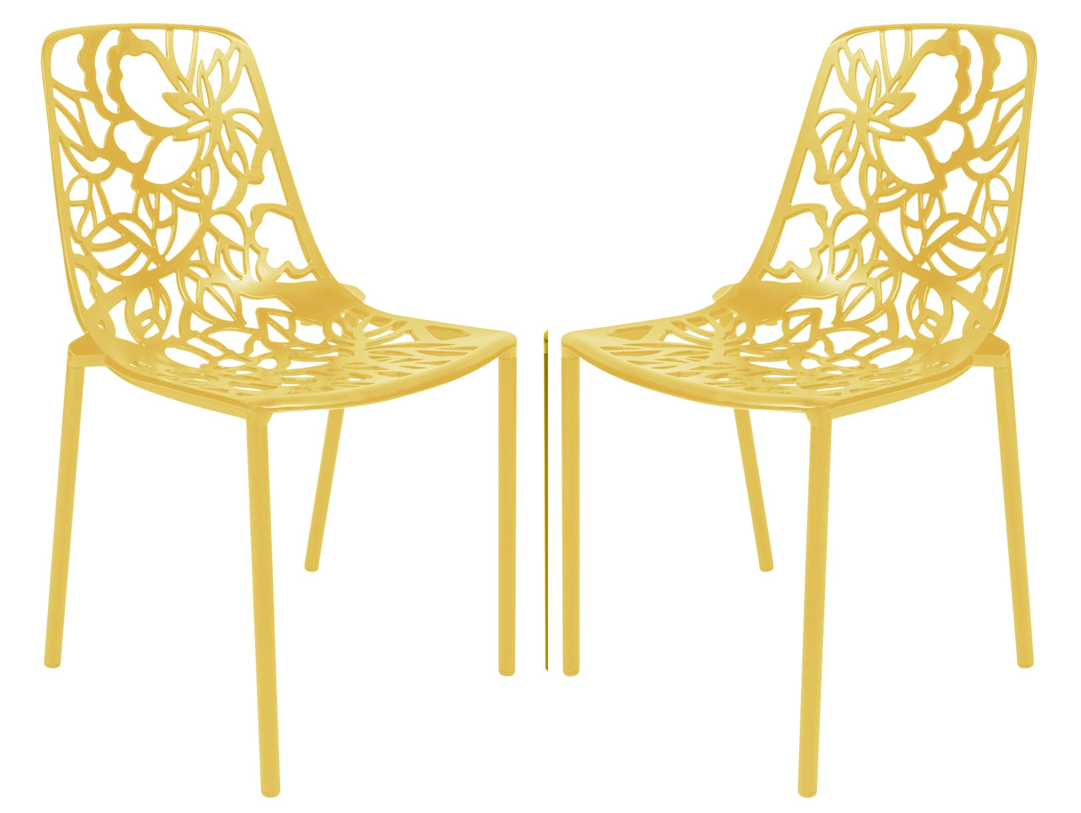 LeisureMod Yellow Aluminum Stackable Dining Chair Set of 2 with Floral Cutout Design, Patio Side Chair for Indoor & Outdoor Use