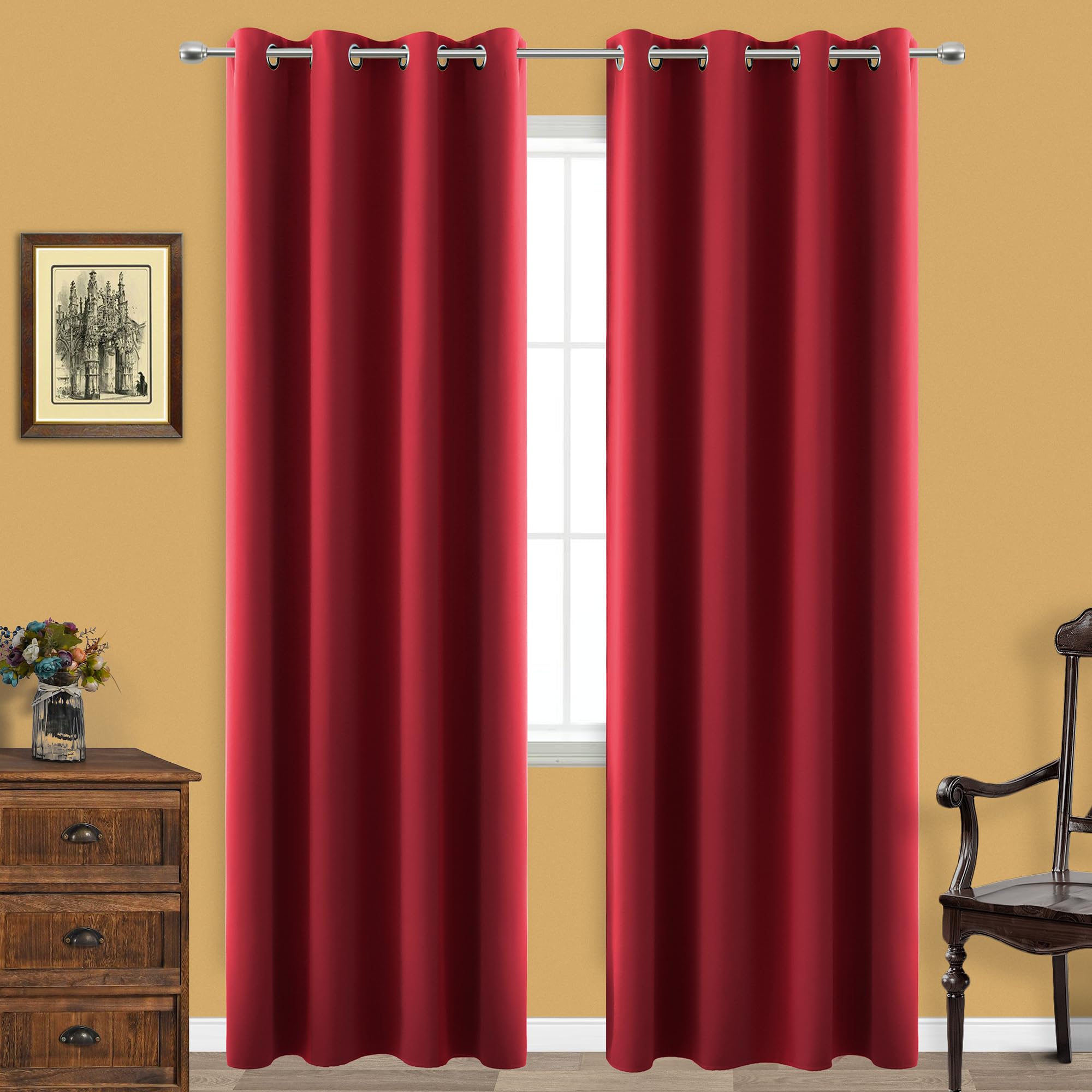 KOUFALL Red Christmas Curtains 90 Inches Long for Living Room Elegant Thermal Insulated Blackout Drapes for Bedroom,Cortinas Roj