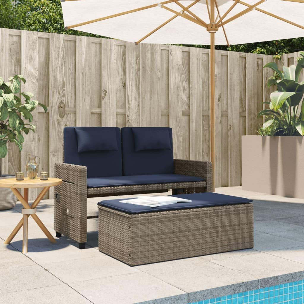 vidaXL Reclining Patio Bench with Cushions - Gray Poly Rattan 2-Seater Outdoor Loveseat/Sofa Bed with Adjustable Backrest, Side Table & Storage