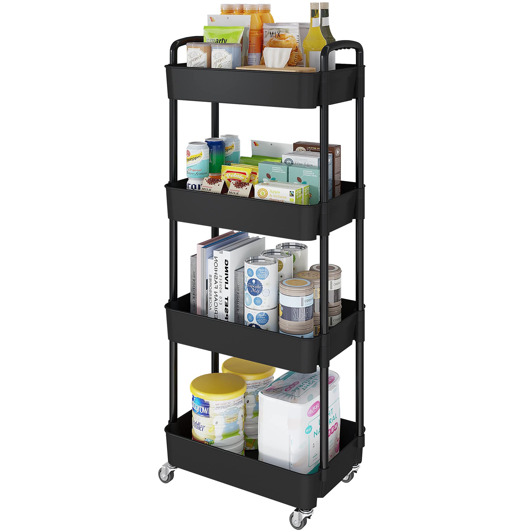 Laiensia 4-Tier Storage Cart,Multifunction Utility Rolling Cart Kitchen Storage Organizer,Mobile Shelving Unit Cart with Lockabl