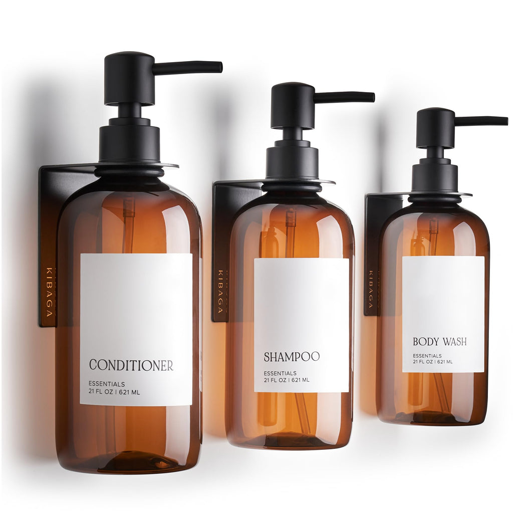 Stylish Shampoo and Conditioner Dispenser Set of 3 for Wall Mount - Modern Drill Free 21oz Shower Soap Bottles with Labels - Eas