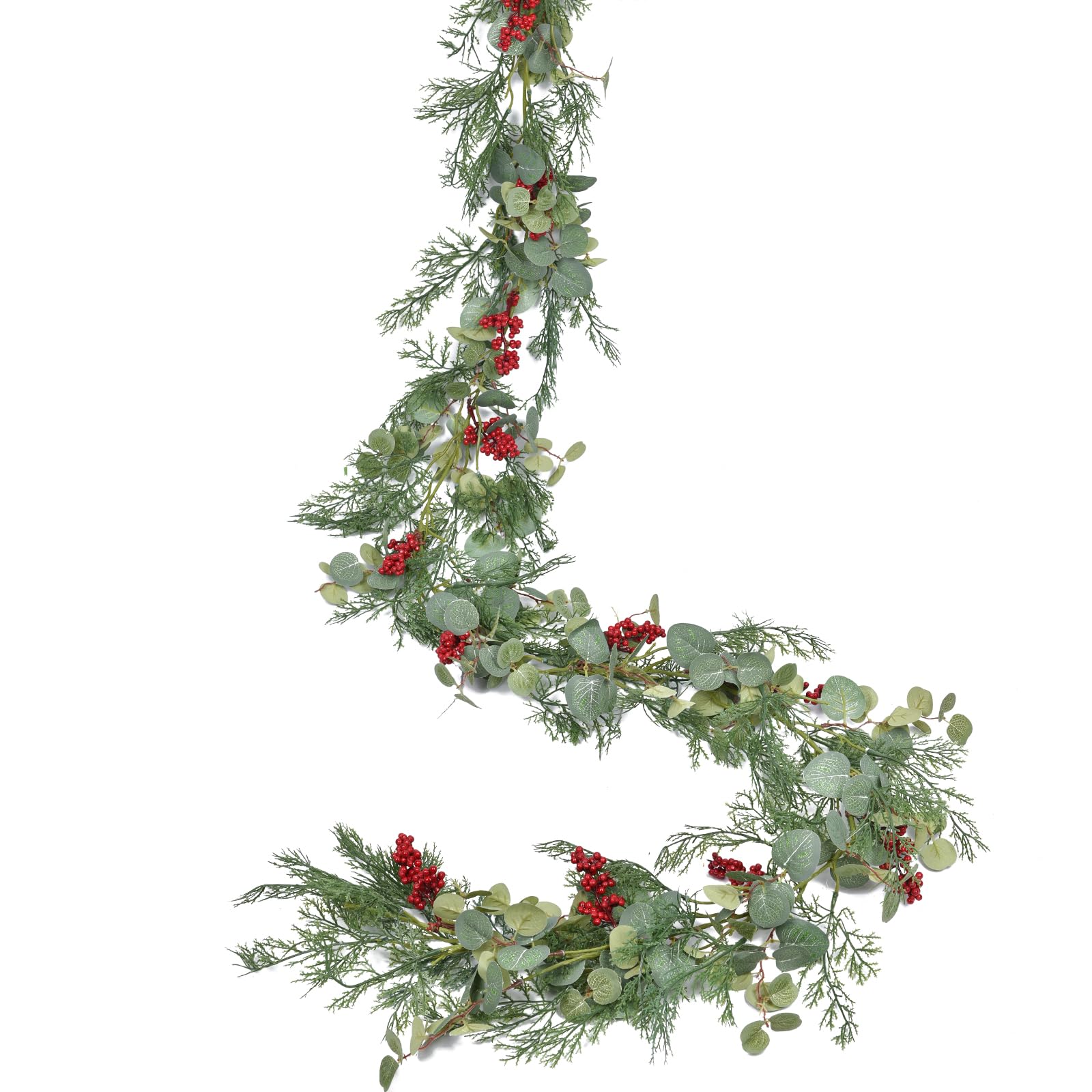 Lvydec Christmas 6Ft Pine Christmas Garland, Realistic Artificial Faux Greenery Garland with Berry and Eucalyptus Leaves Cypress