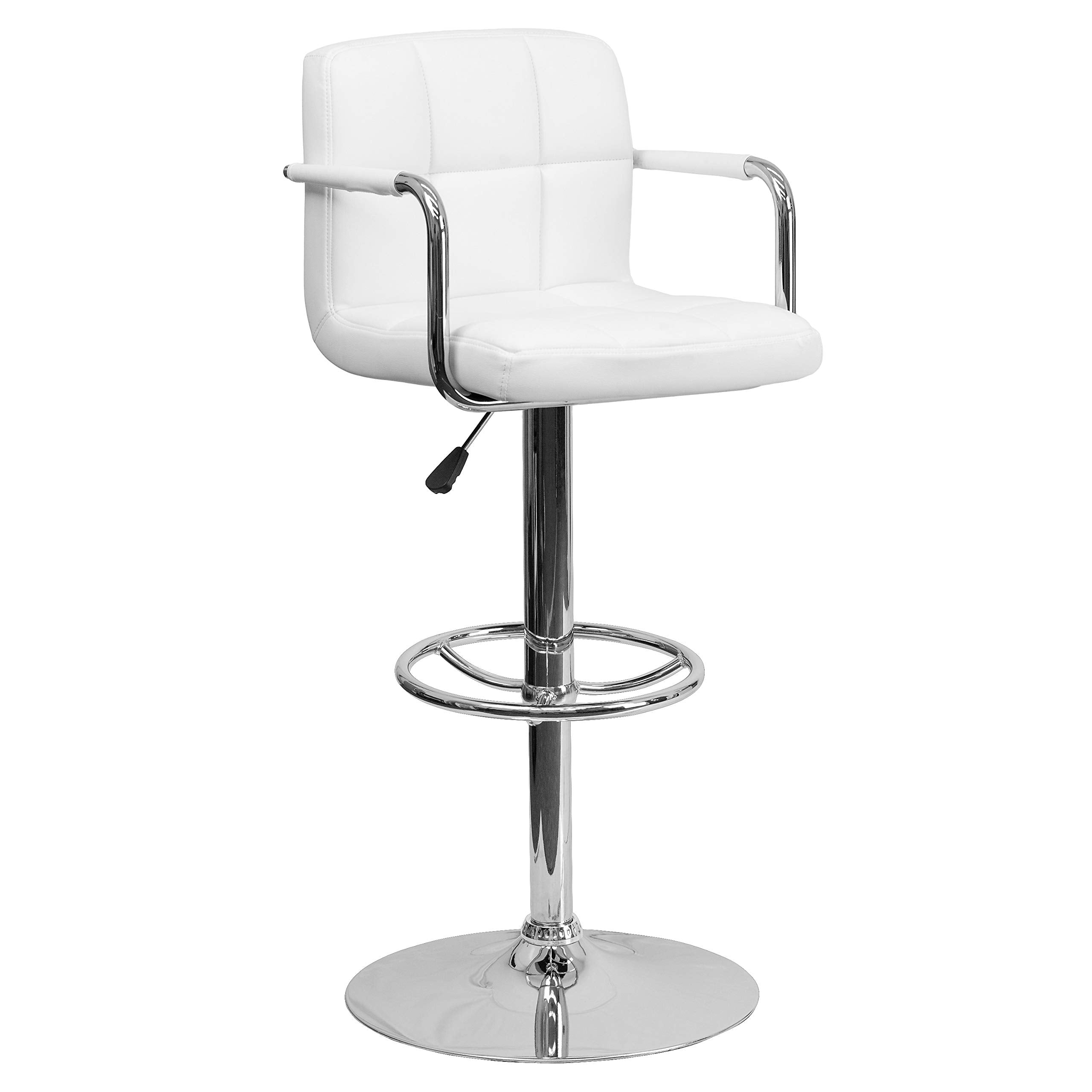 2 Pk. White Quilted Vinyl Adjustable Height Barstool with Arms and Chrome Base