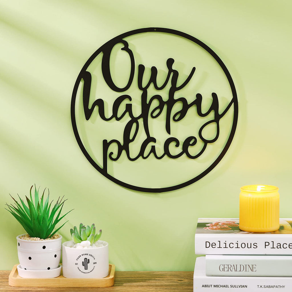 Hotop Our Happy Place Metal Wall Sign Metal Wall Hanging Art Outdoor Plaque Wall Decor Sign Lettering Metal Home Sign For Home L