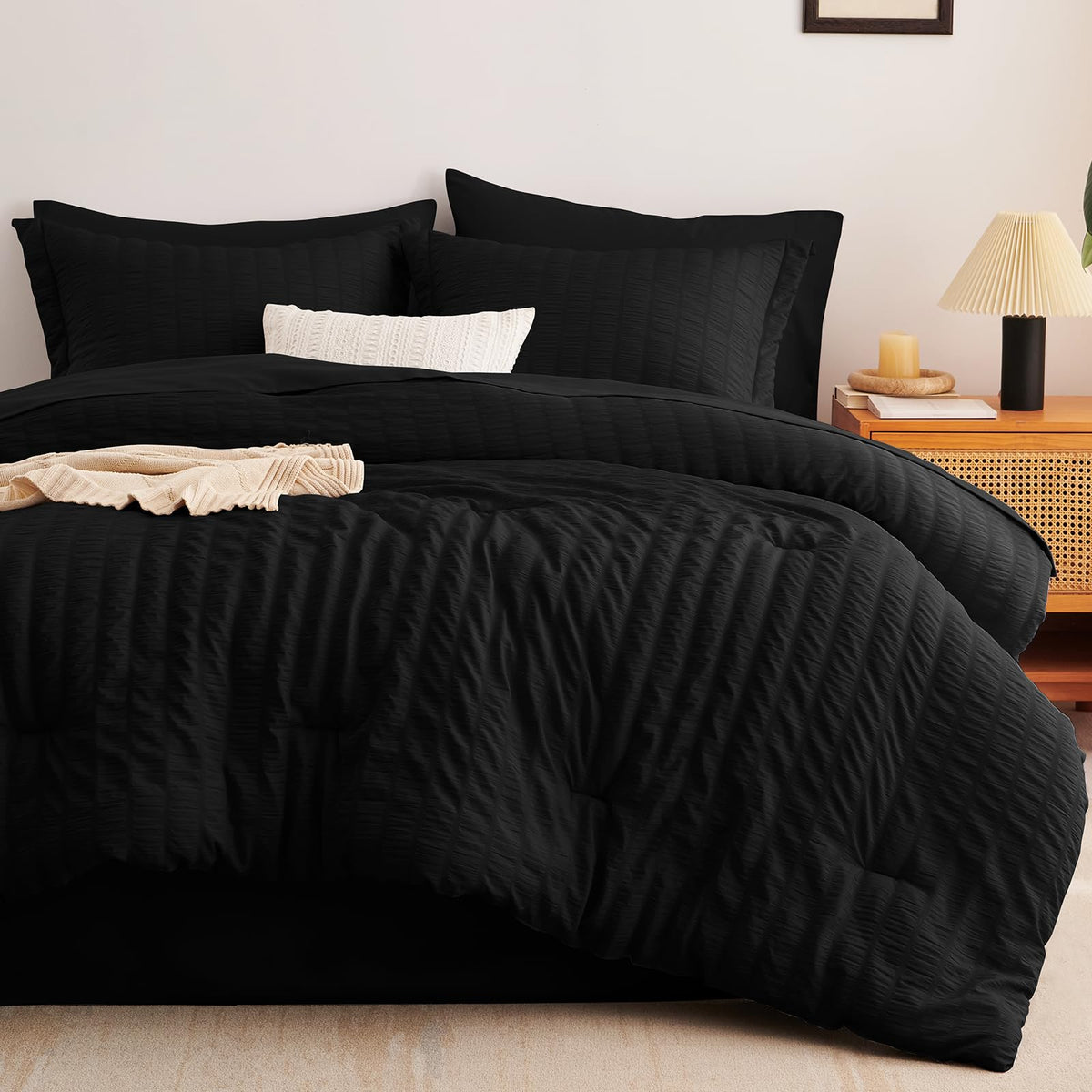 Cozylux King Seersucker Comforter Set With Black Bed In A Bag 7-Pieces All Season Bedding With Comforter, Pillow Sham, Flat Sheet, Fitted Sheet, Pillowcase