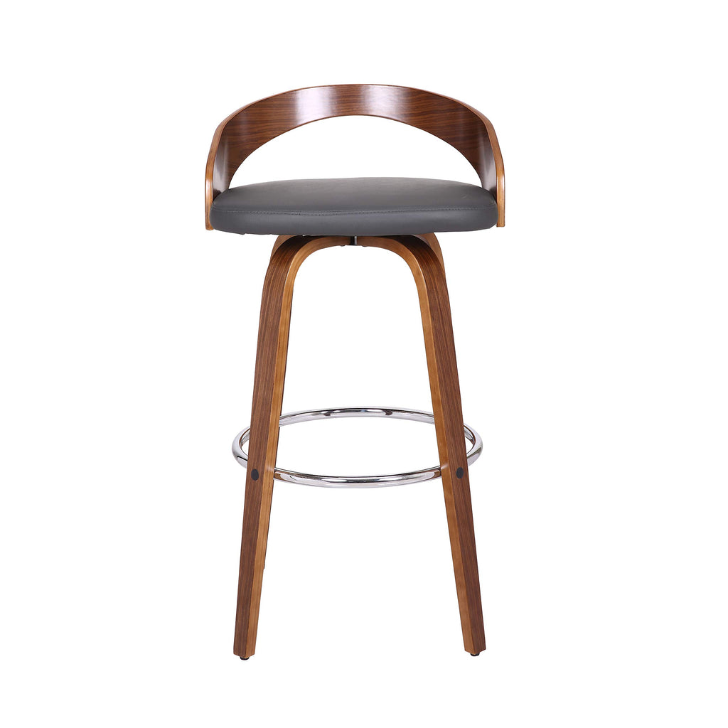 Armen Living Sonia Mid Century Modern Swivel Bar Stool For Kitchen Island Counter In Gray Faux Leather And Walnut Wood, 30' Seat Height